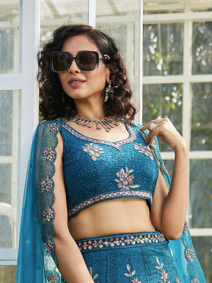 Navy Blue Net Embroidered Net Lehenga with Sequins &amp; Zarkan Work