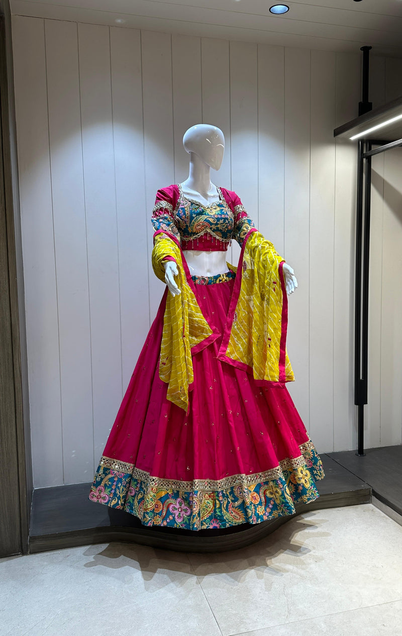 Heavy embroidered border pink lehenga


