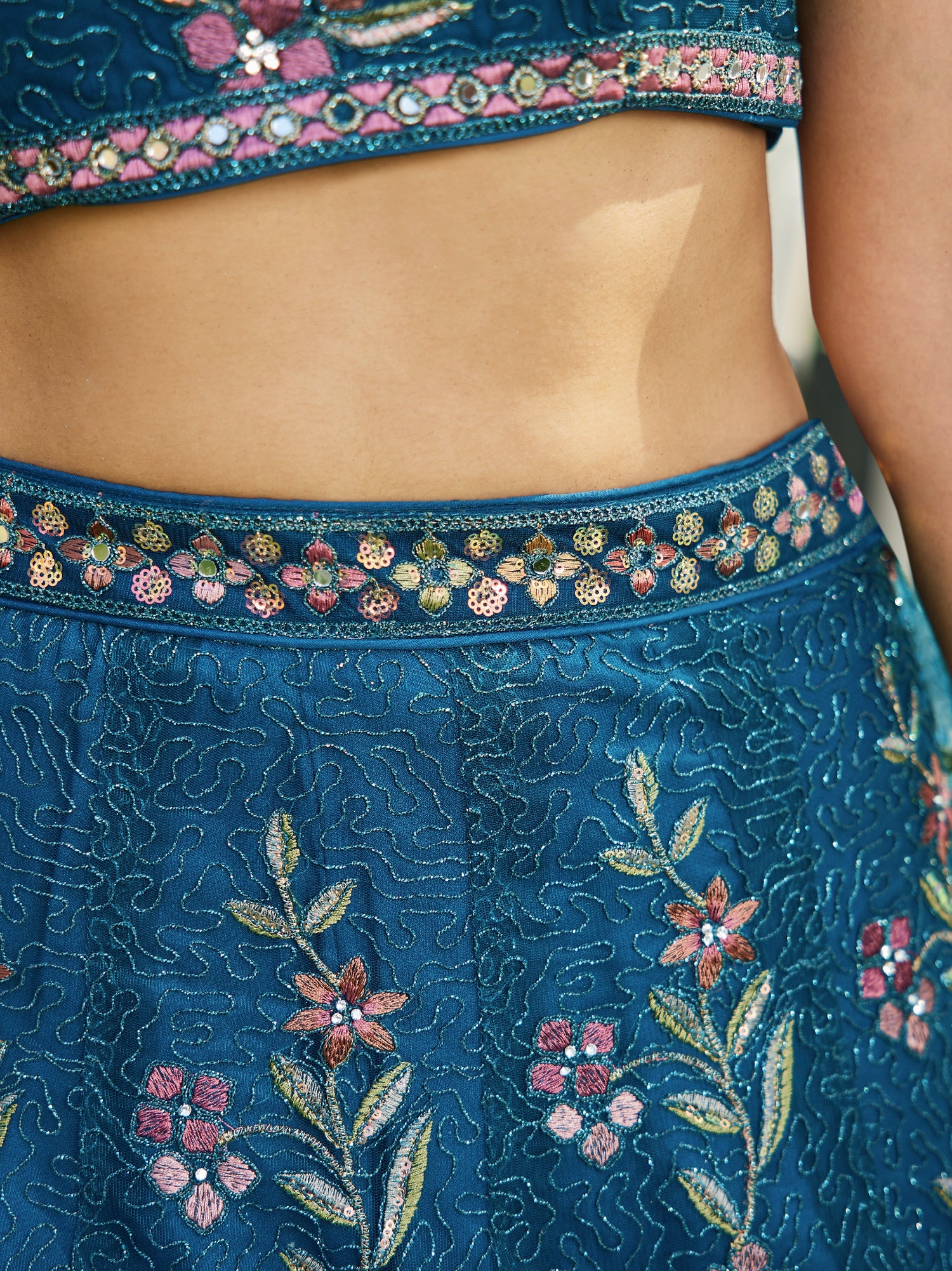 Navy Blue Net Embroidered Net Lehenga with Sequins &amp; Zarkan Work