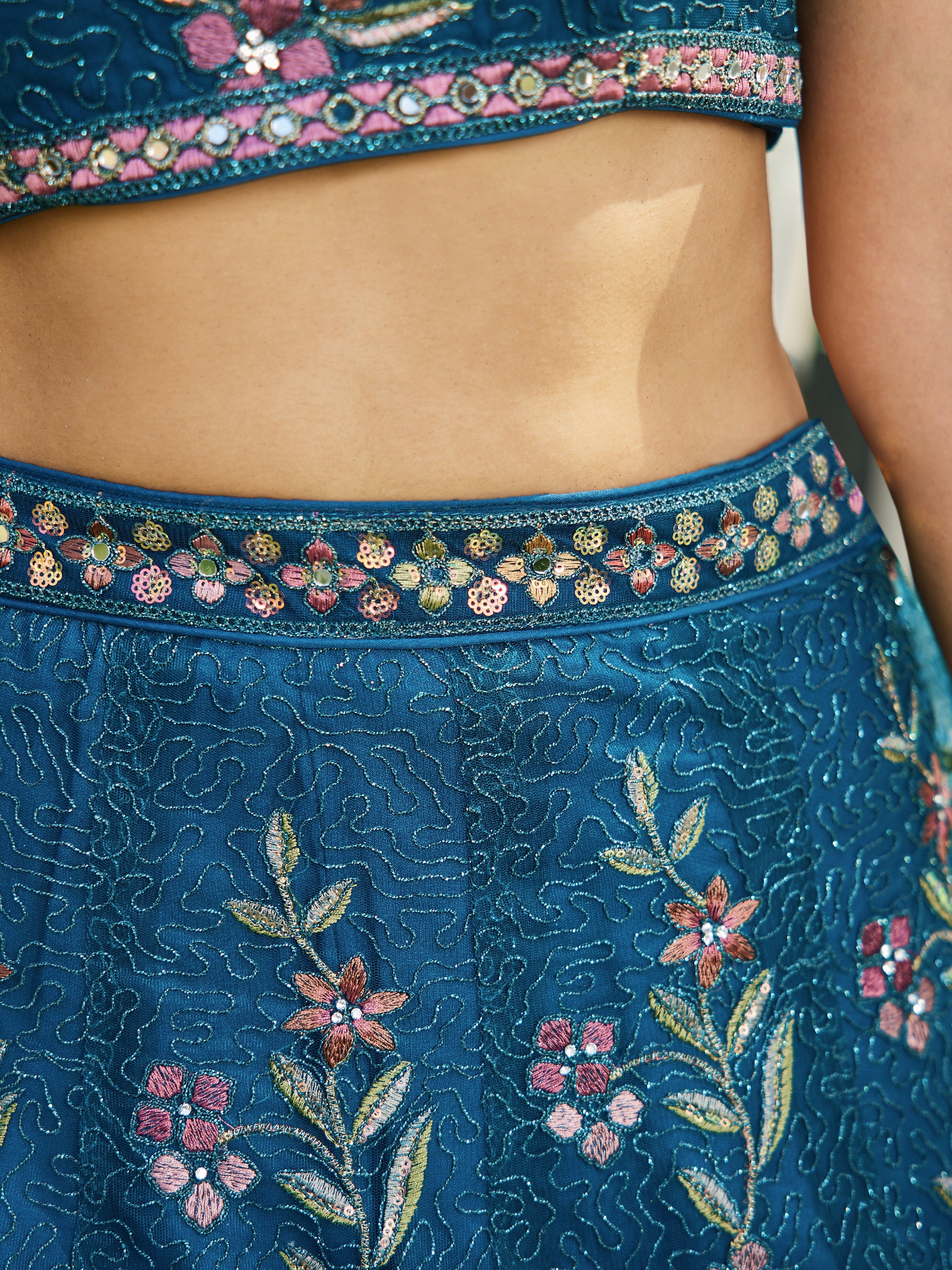 Navy Blue Net Embroidered Net Lehenga with Sequins &amp; Zarkan Work