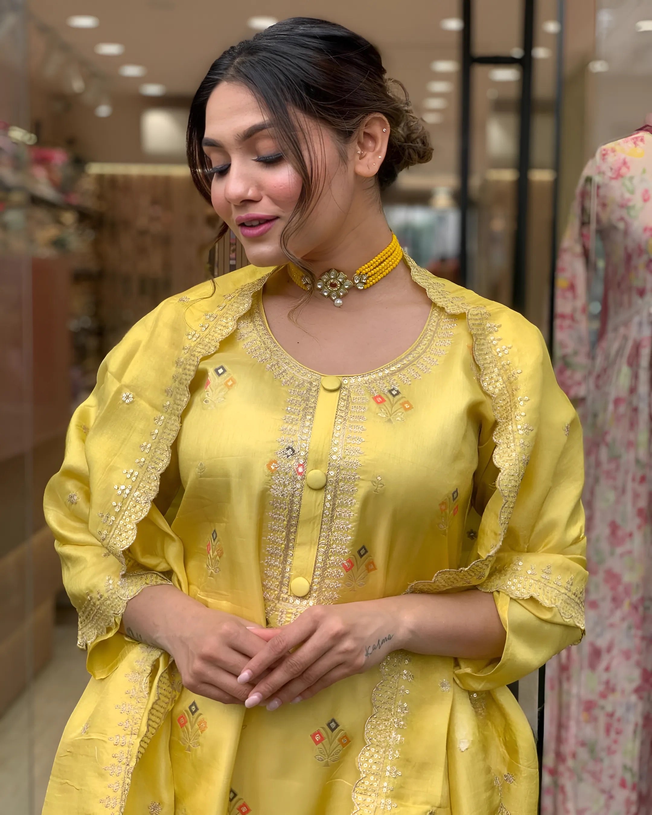 Yellow Viscose Chanderi Kurti Set with Organza Tebby Dupatta