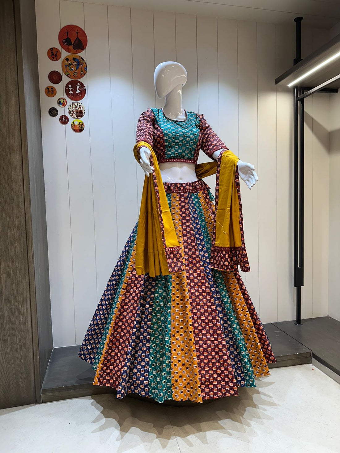 Multi-color camric cotton lehenga with mustard dupatta

