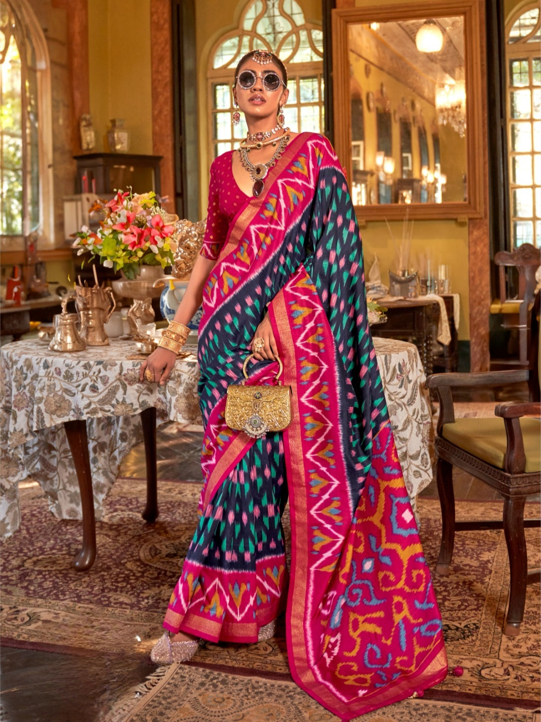 Red &amp; Navy Blue Patola Silk Saree