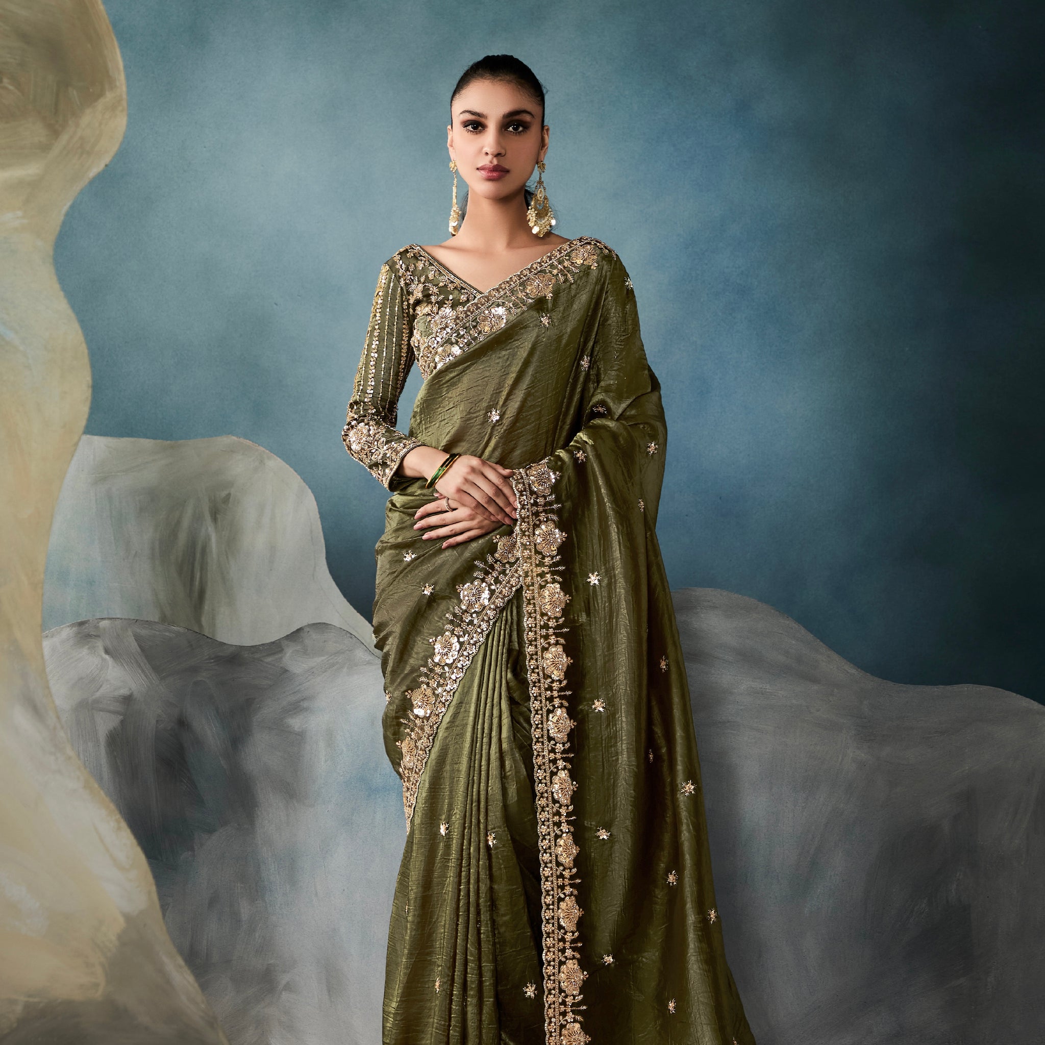 Olive Green Embroidered Tissue Saree for Festive Wear