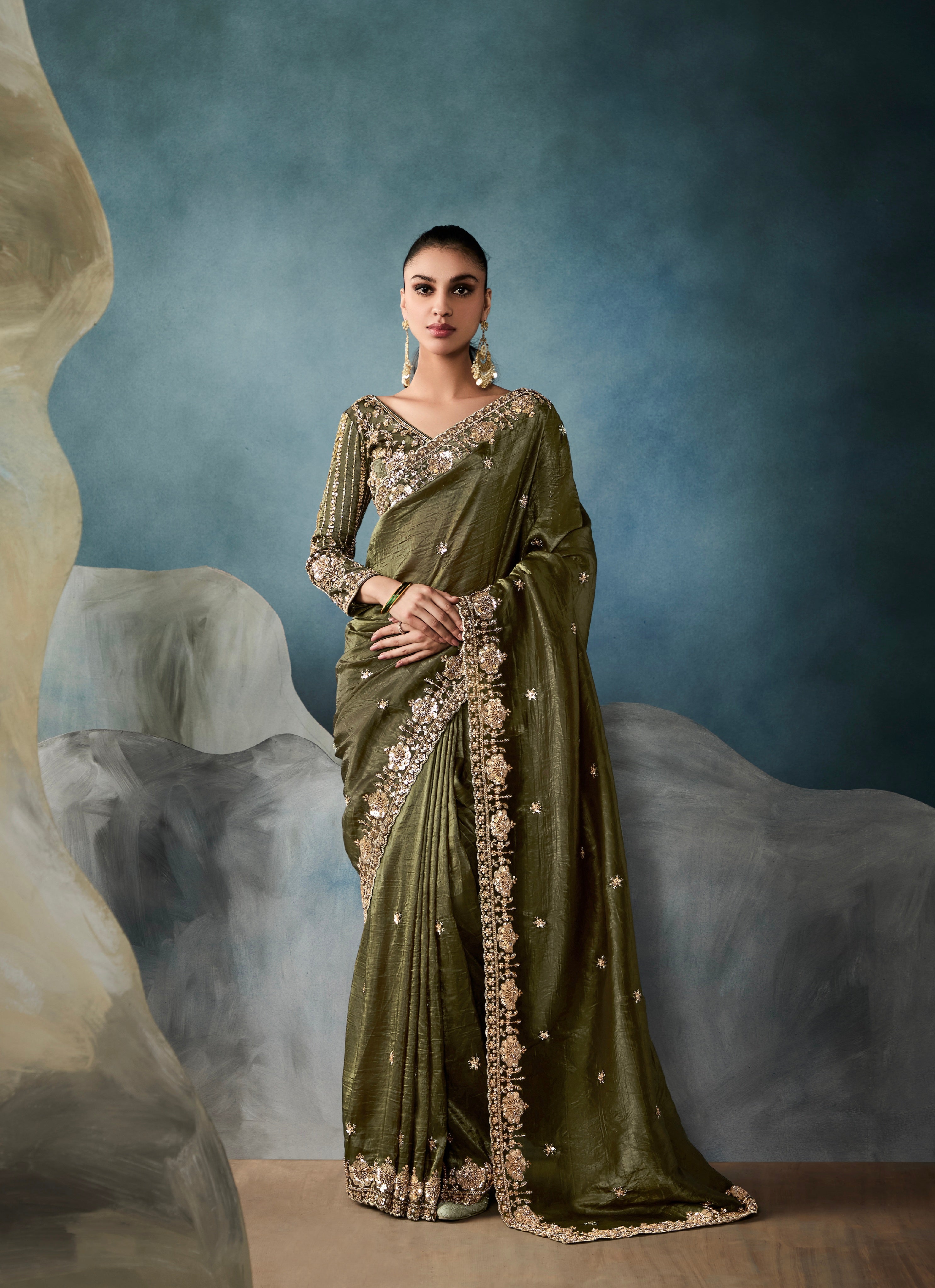 Olive Green Embroidered Tissue Saree for Festive Wear