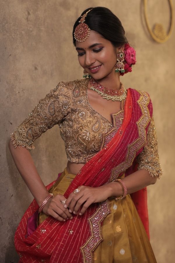 Beautiful Kanjiveram Silk Pure Zari HALF Saree with Blouse Along With Dupptta