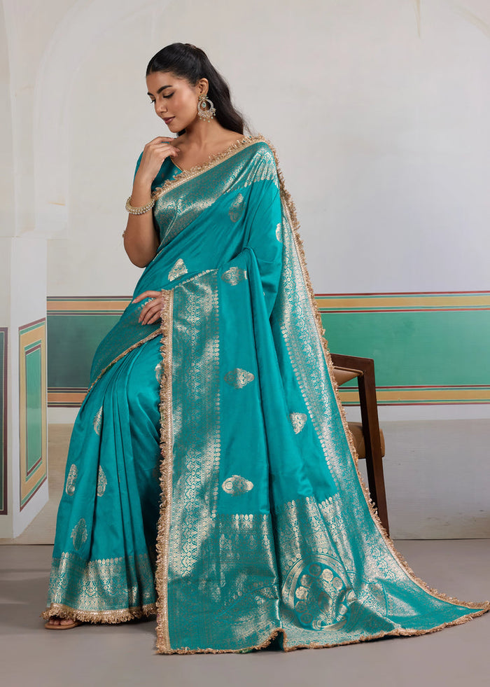 Cyan Bue Woven Banarasi Satin Silk Saree Japan Satin Saree Anant Tex Exports Pvt.Ltd..