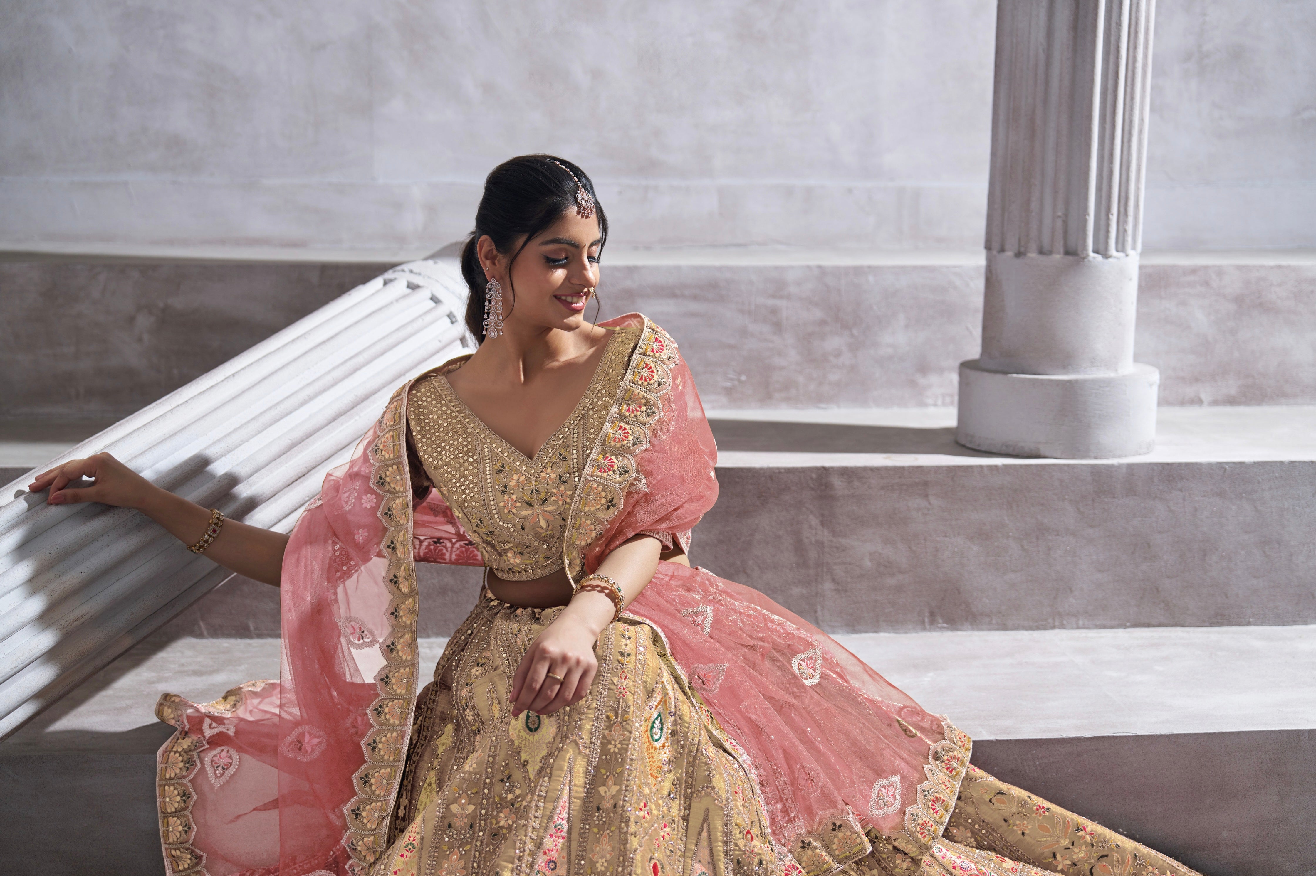 Chiku Banarasi Silk Lehenga with Aari Embroidery