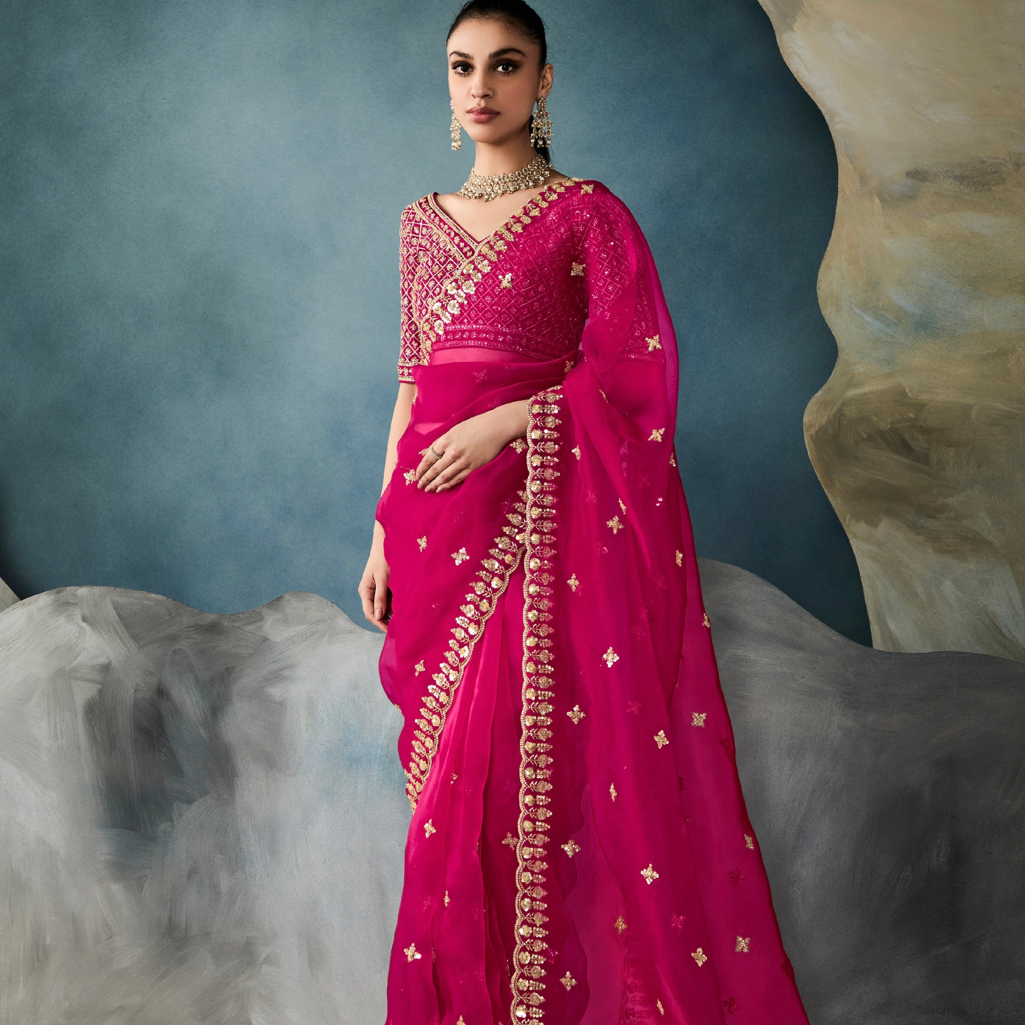 Magenta tissue saree with hand embroidery and satin blouse

