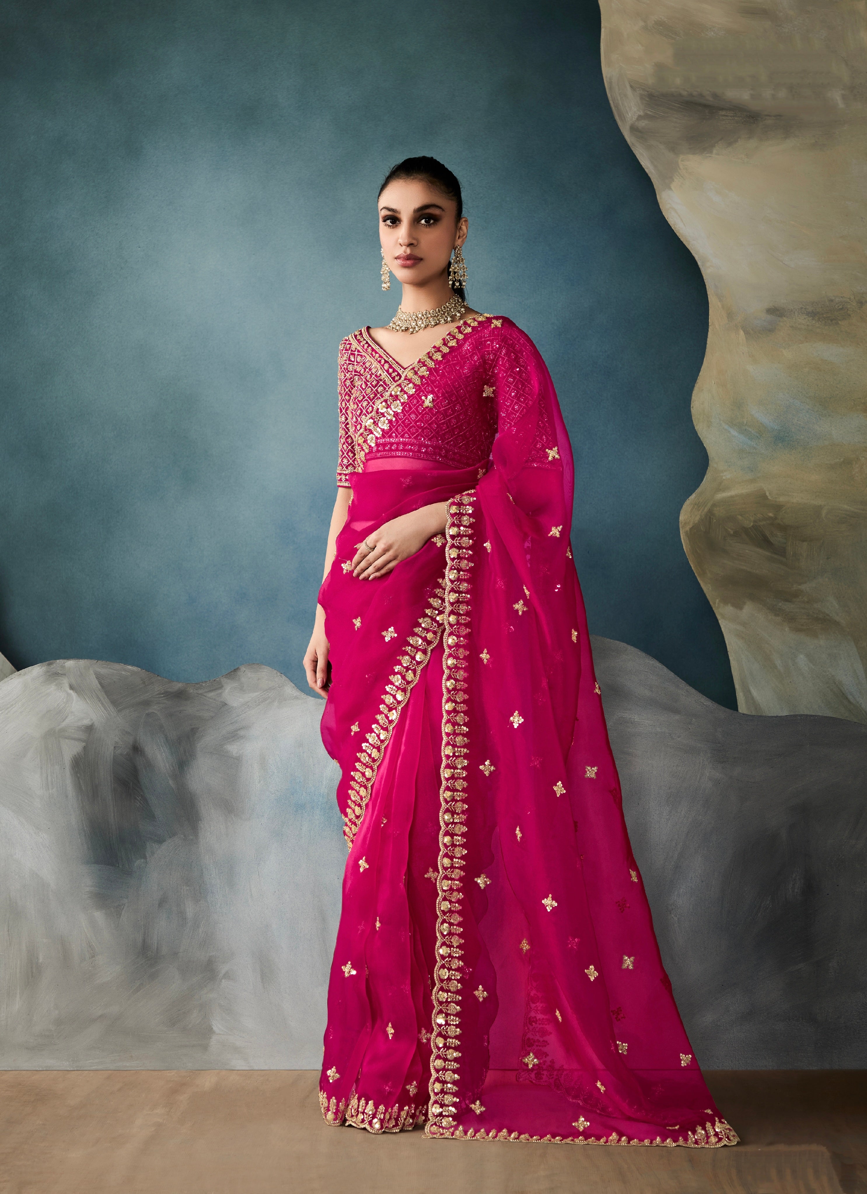 Magenta tissue saree with hand embroidery and satin blouse

