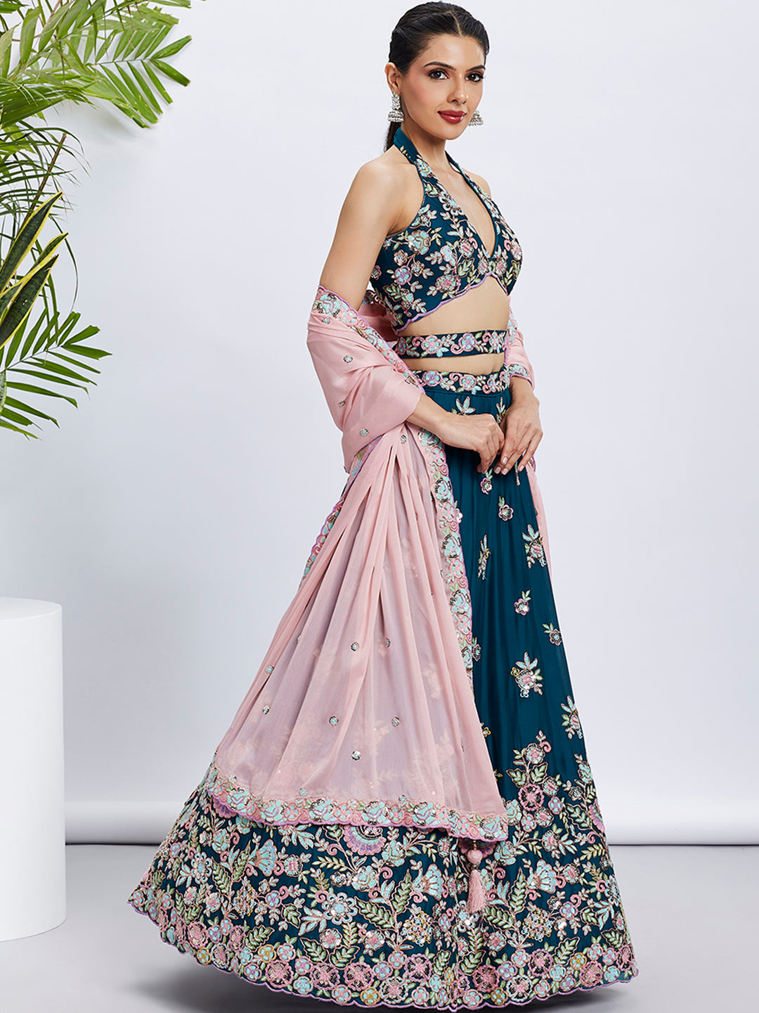 Teal Georgette Sequins and Thread Embroidery Lehenga Choli &amp; Dupatta