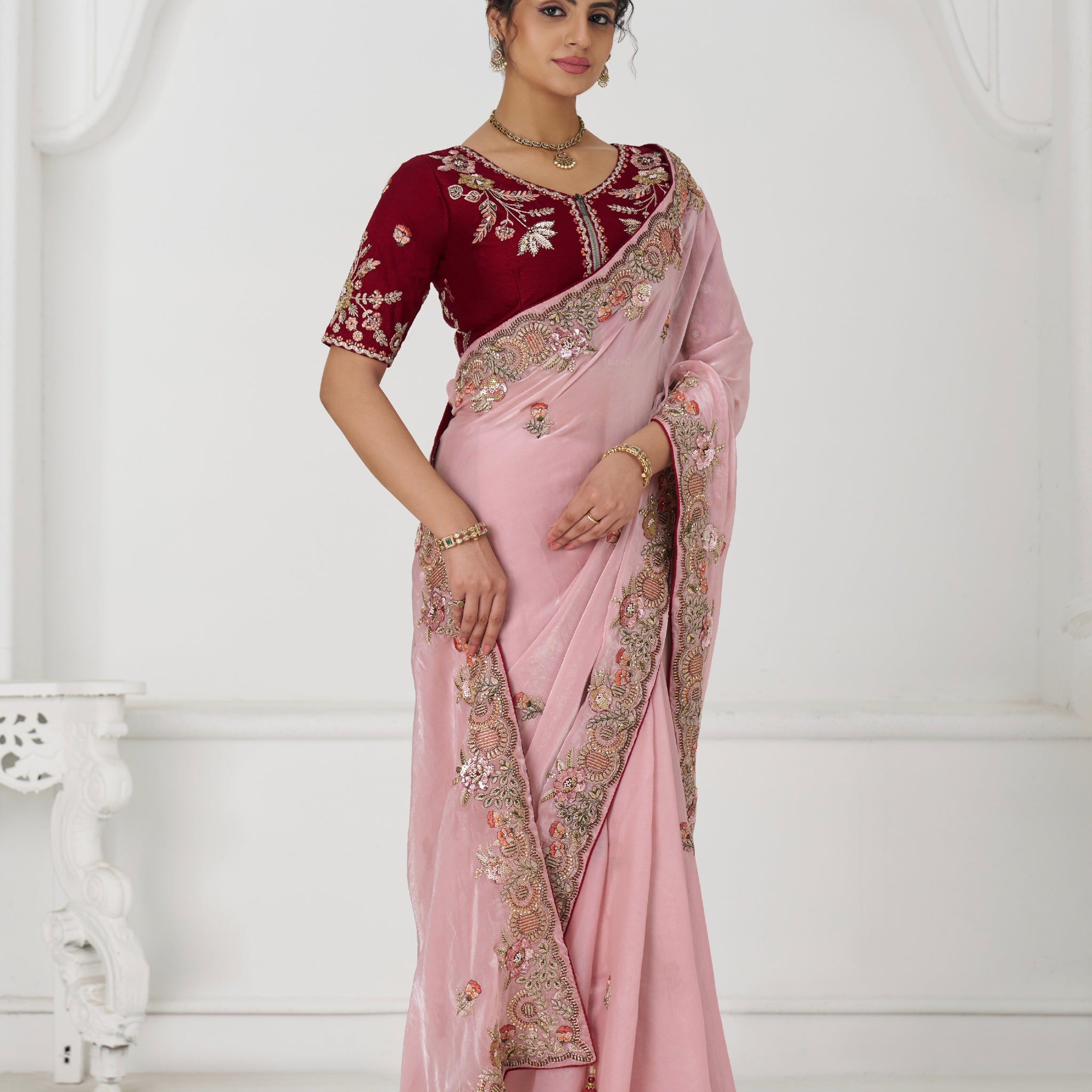 Pink Fendi silk saree with zari embroidery