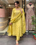Yellow Viscose Chanderi Kurti Set with Organza Tebby Dupatta