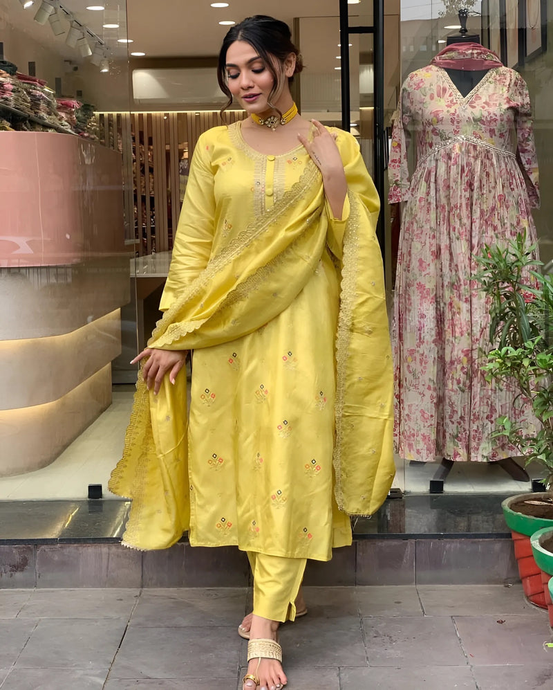 Yellow Viscose Chanderi Kurti Set with Organza Tebby Dupatta