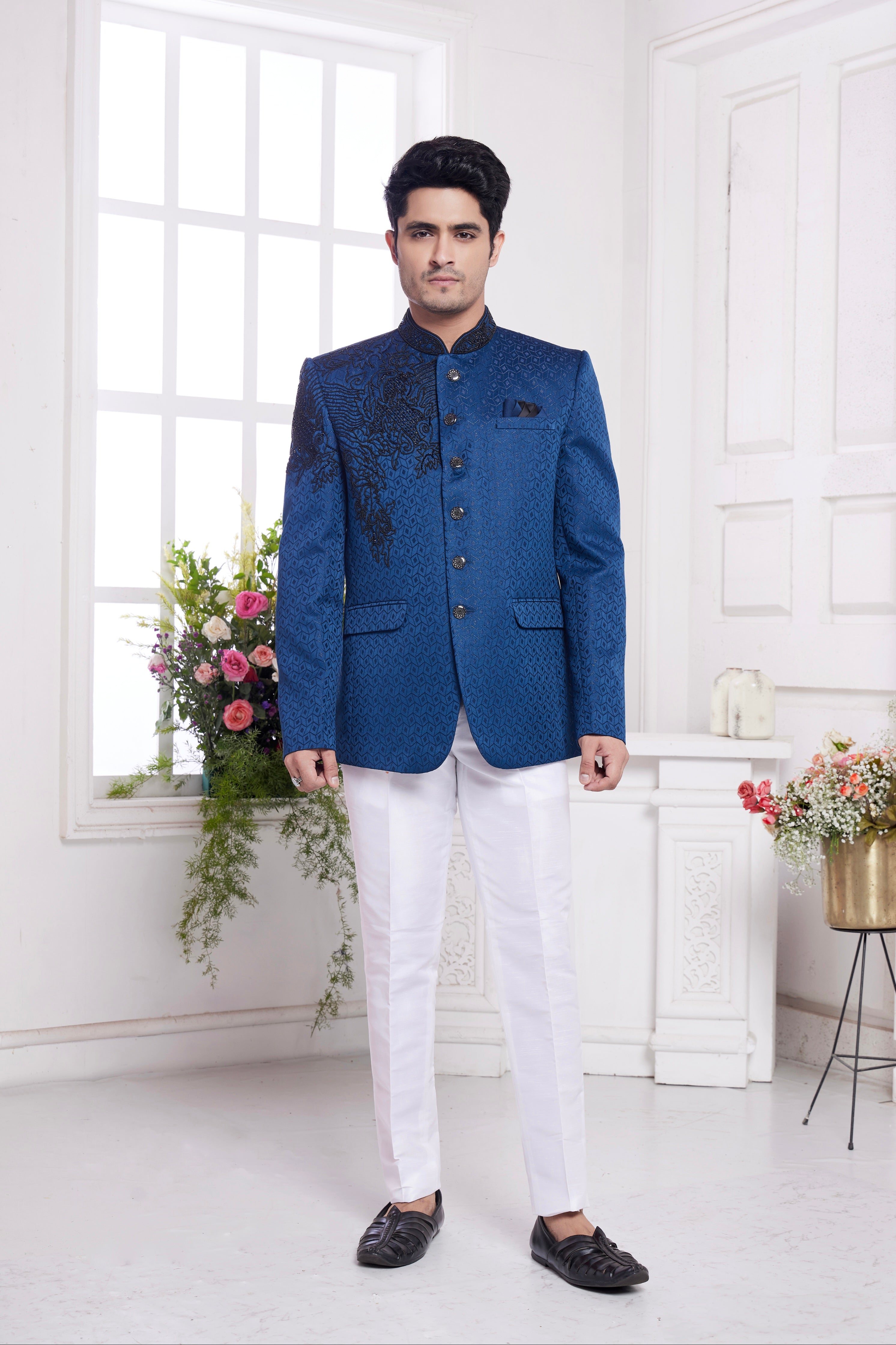 Groom's wedding jodhpuri coat in blue silk

