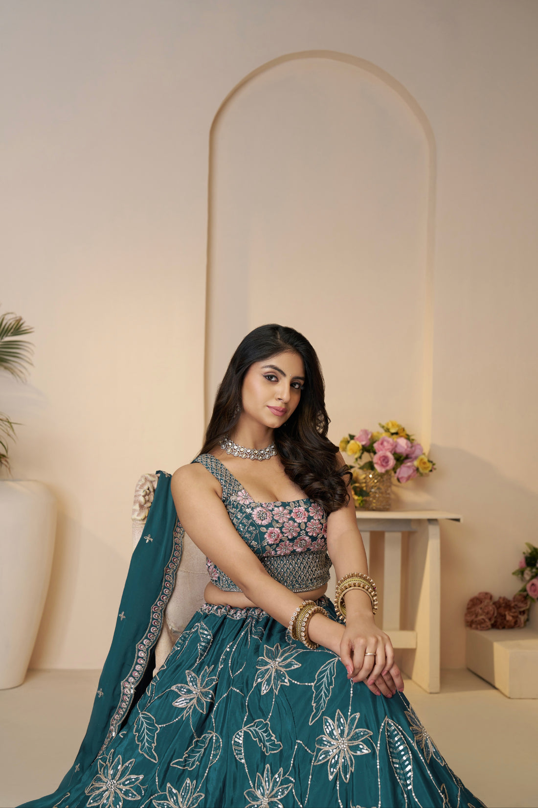 Blue Satin Silk Lehenga Choli Set with Dupatta

