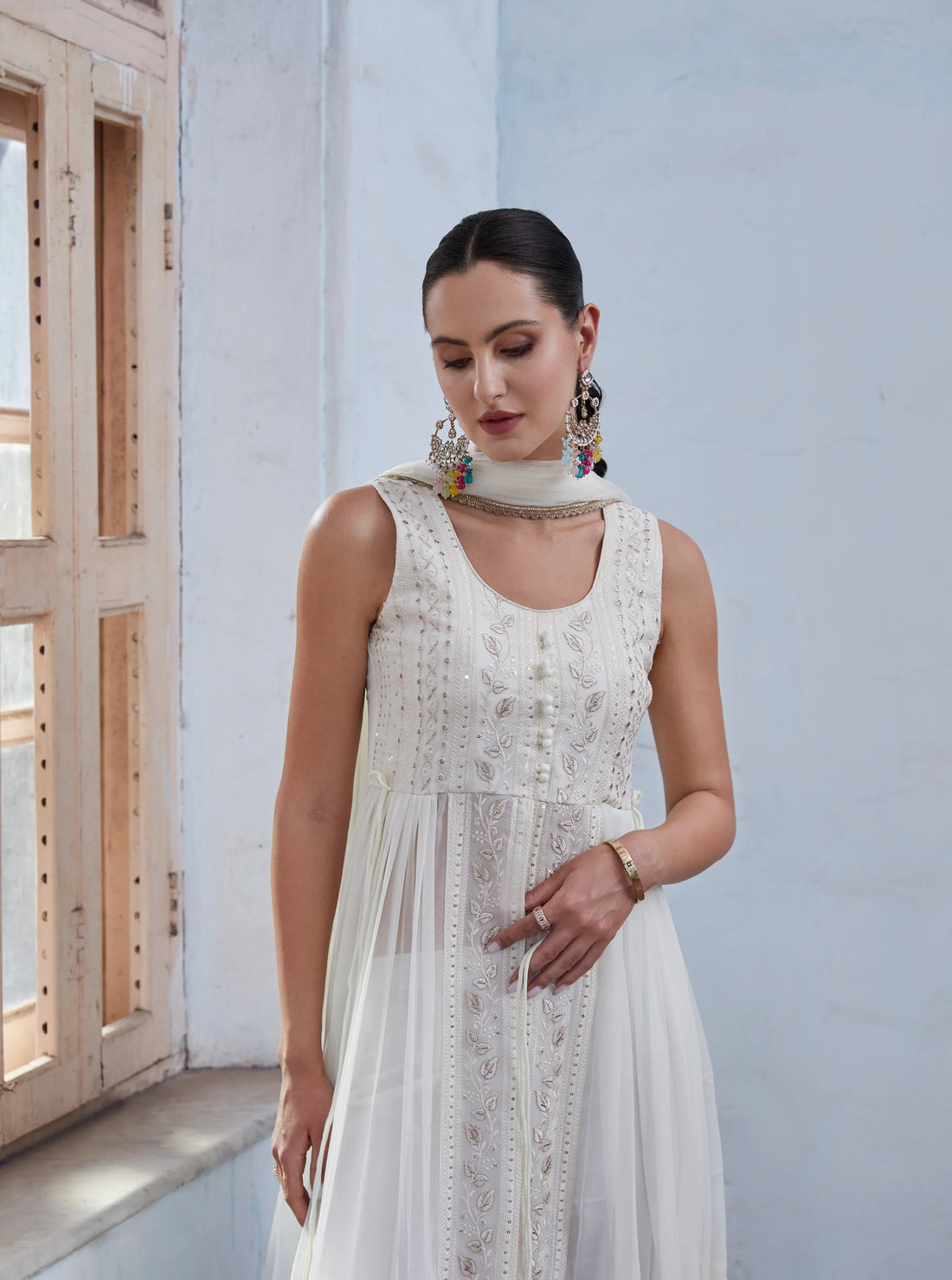 Off White Anarkali In Georgette With Sequins &amp; Thread Embroidery