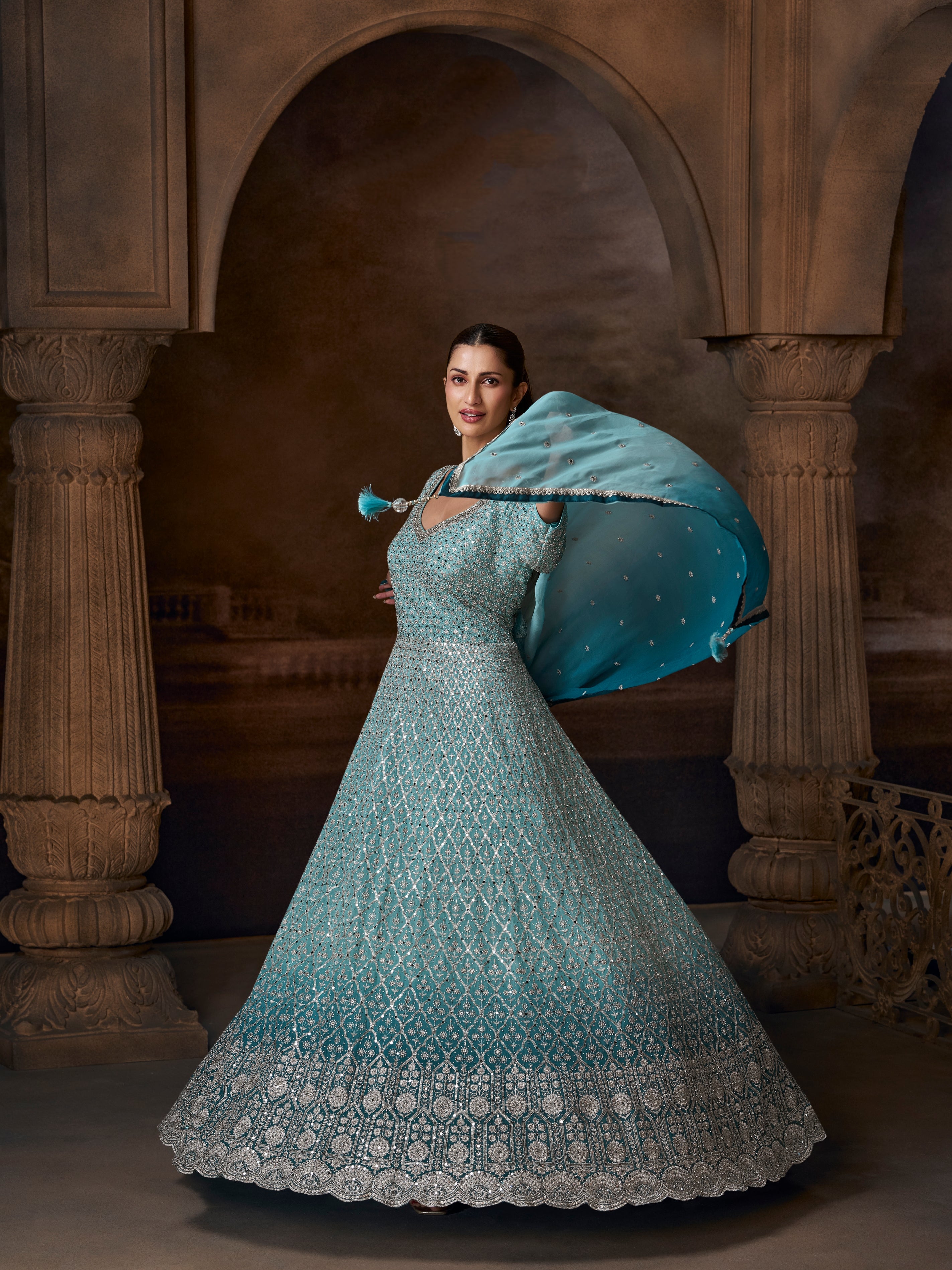 Sky Blue Ombre Heavy Embroidered Anarkali Suit