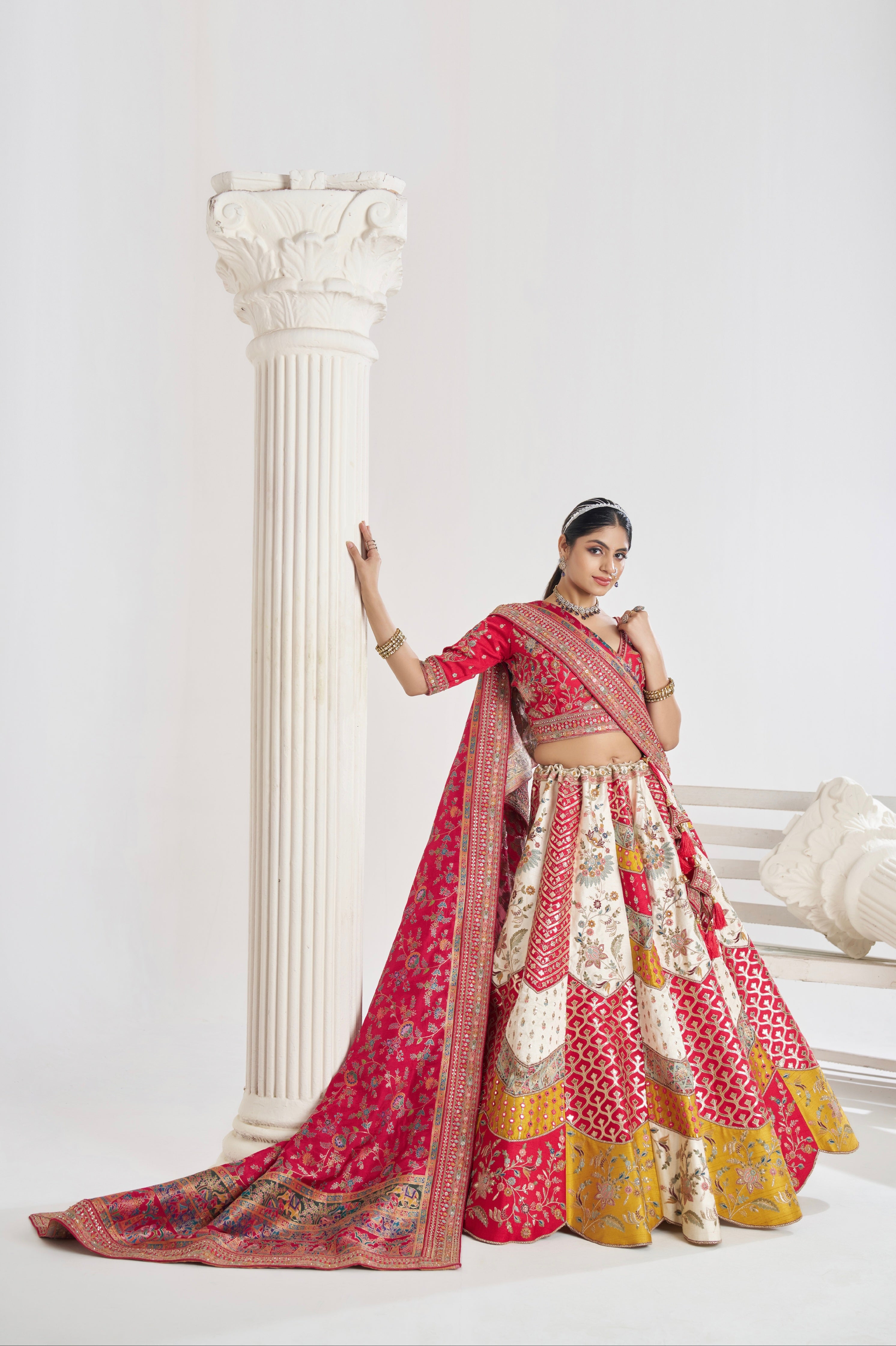Bridal lehenga in Banarasi silk with contrast dupatta