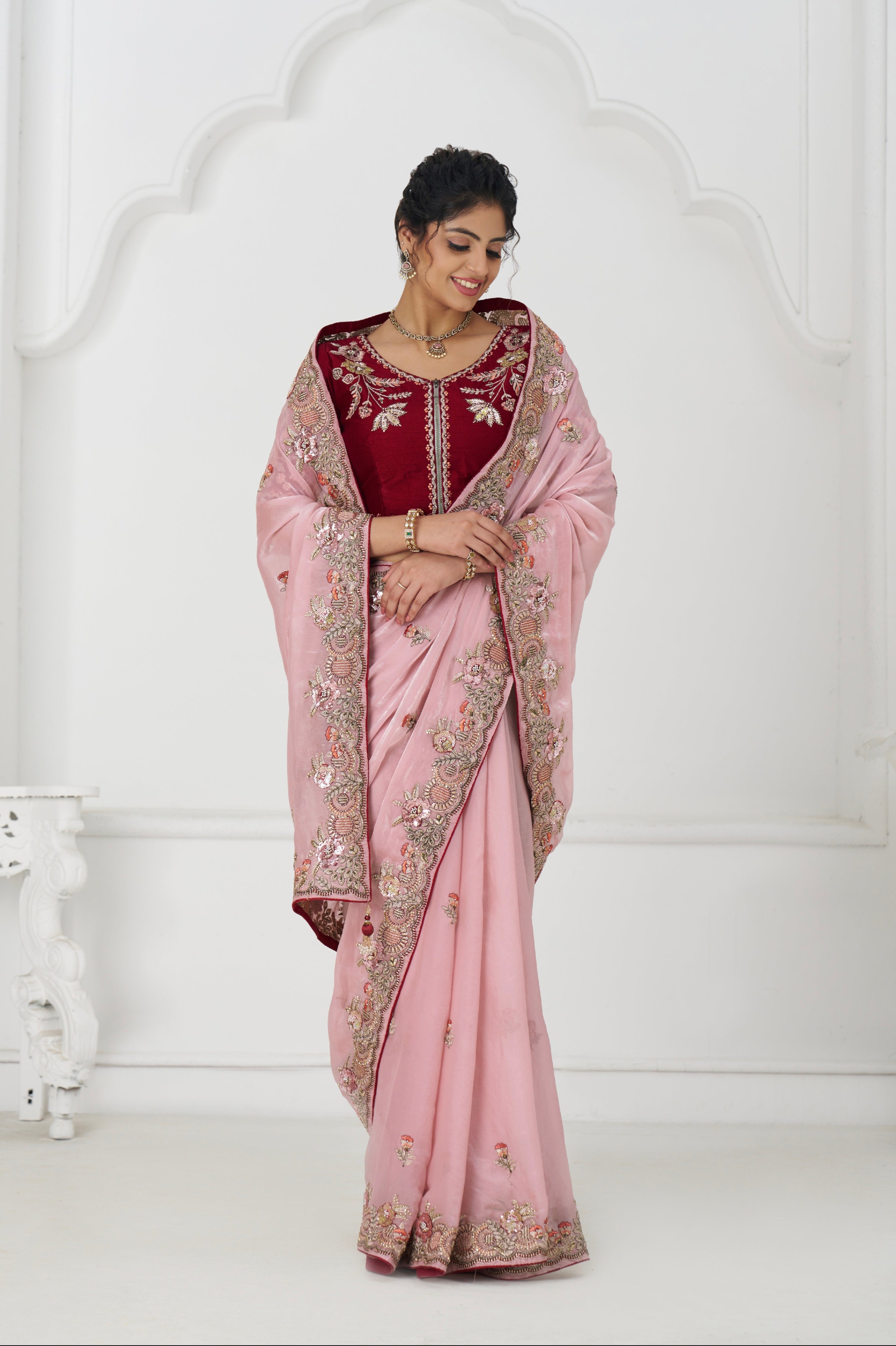 Pink embroidered saree with unstitched blouse