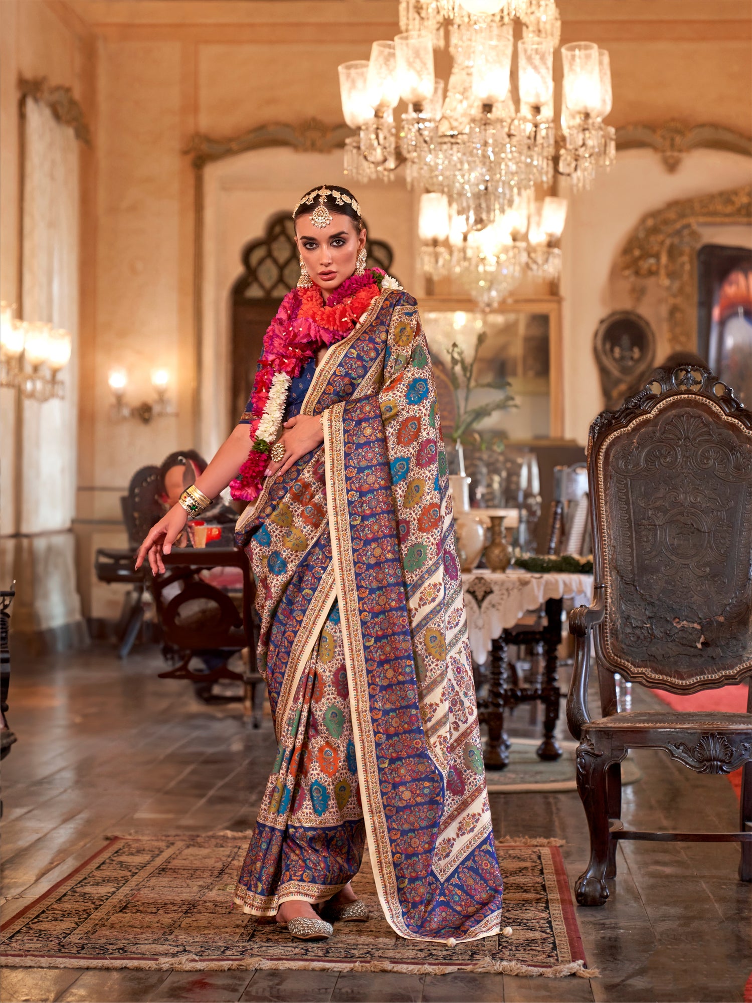 Ivory &amp; Royal Blue Designer Patola Silk Saree