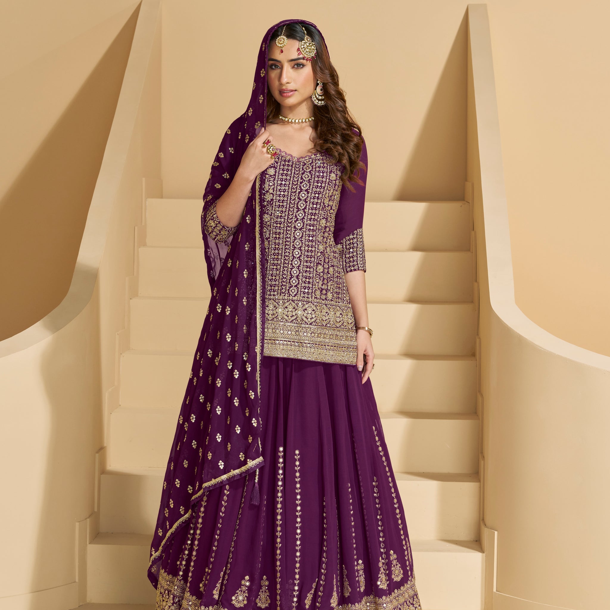 Deep Purple Heavy Embroidered Georgette Sharara Suit