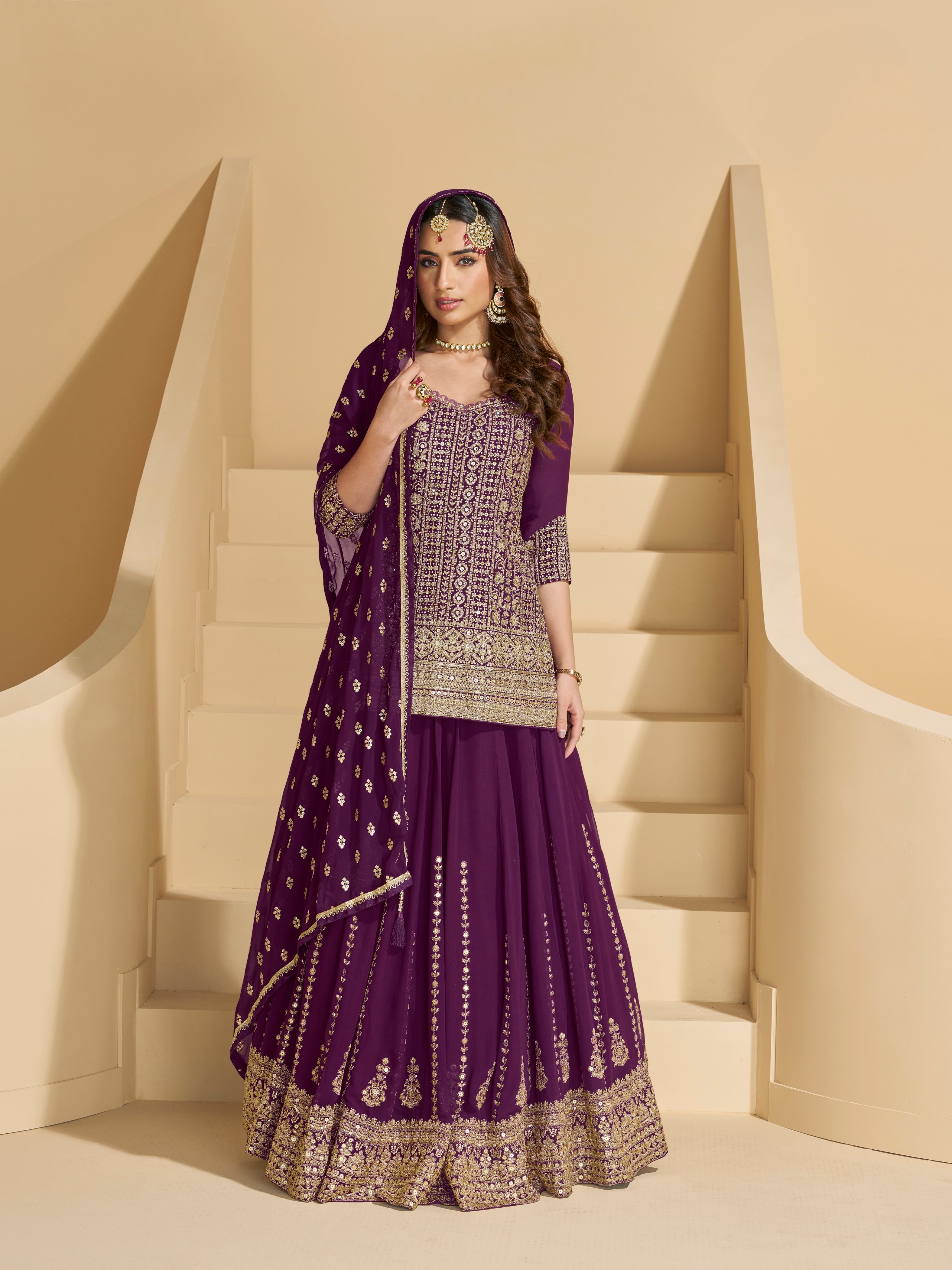 Deep Purple Heavy Embroidered Georgette Sharara Suit