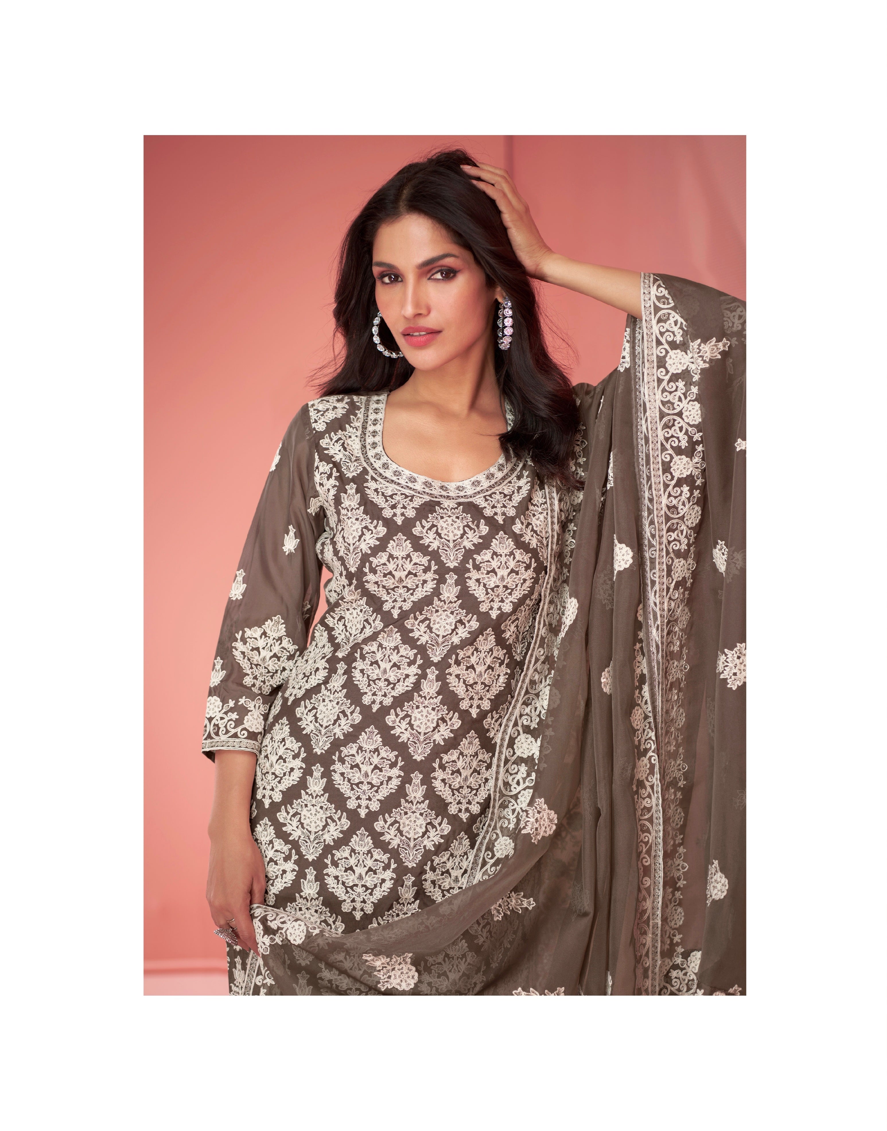 Brown Organza Silk Palazzo Suit with Embroidered Dupatta