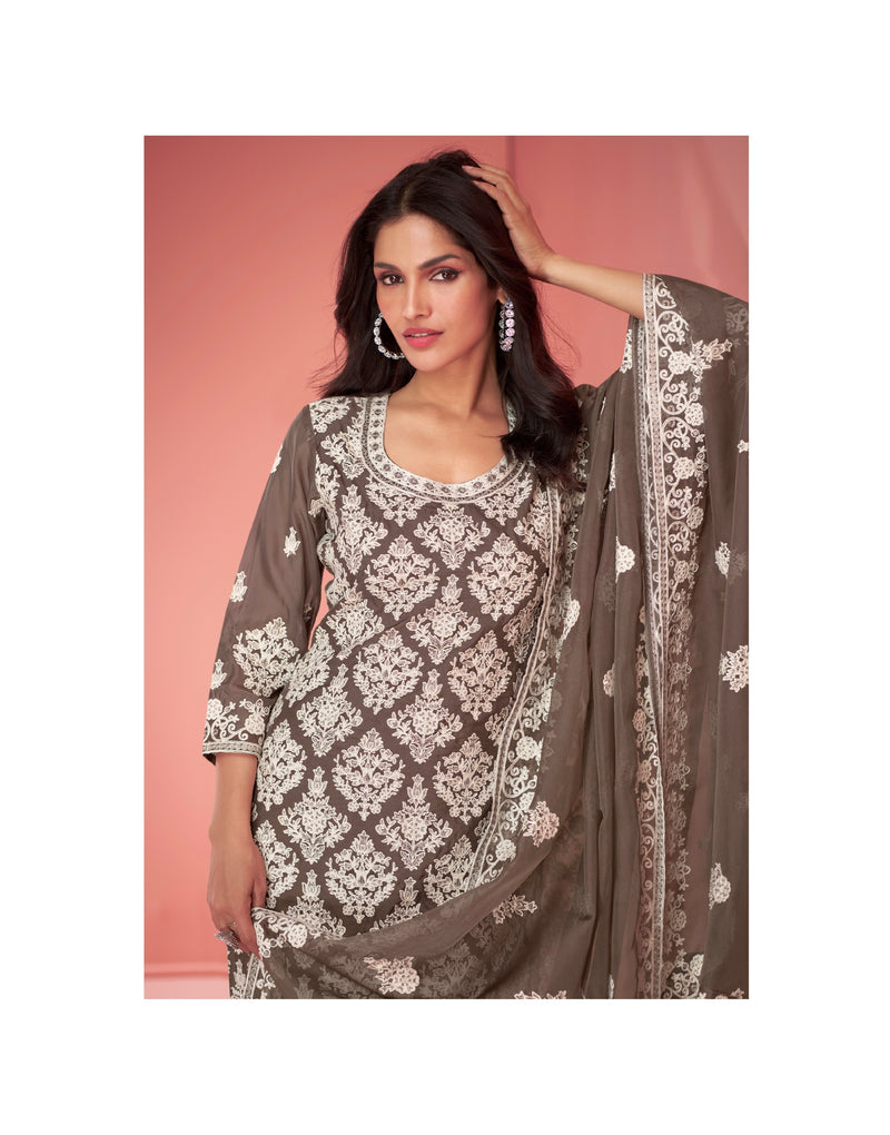 Brown Organza Silk Palazzo Suit with Embroidered Dupatta