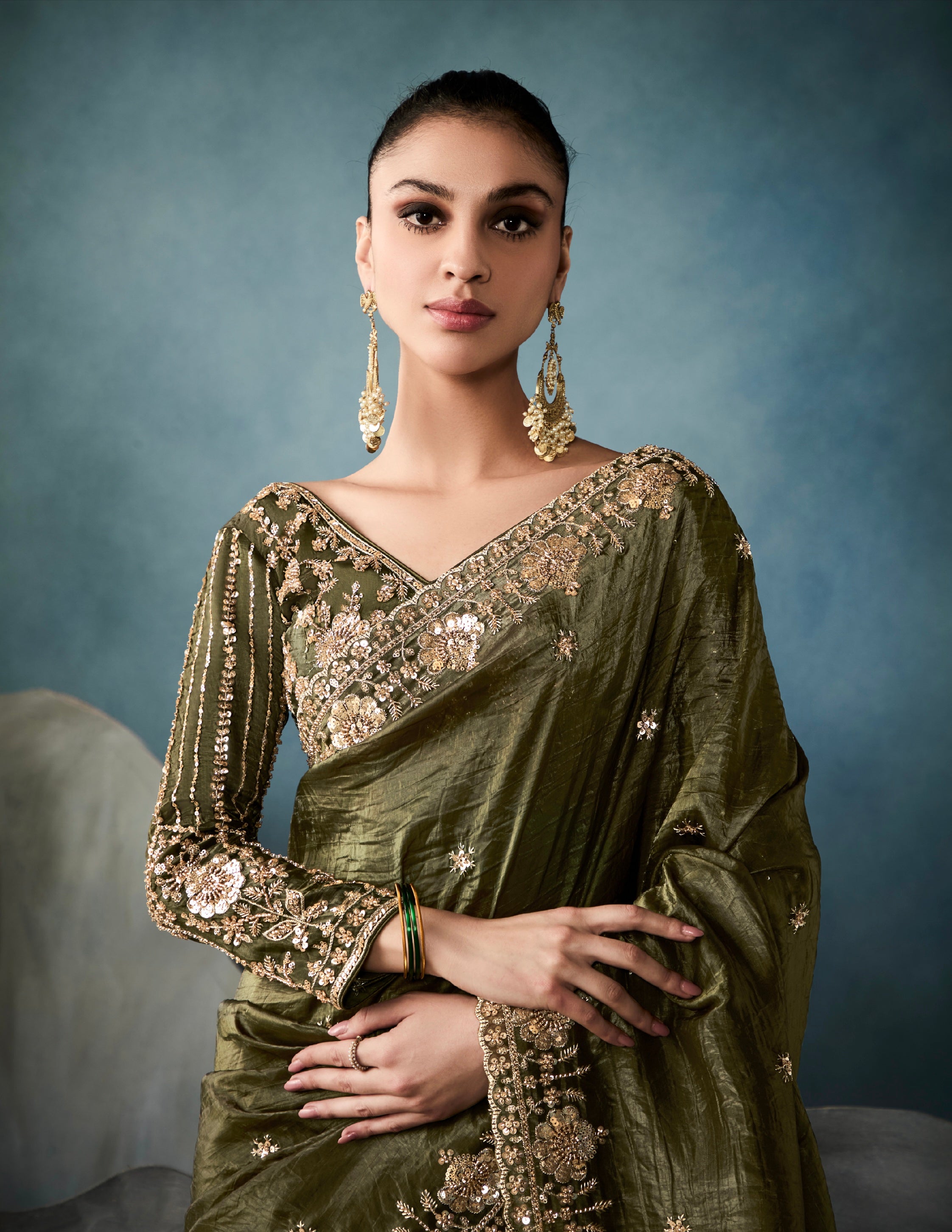 Designer Olive Green Tissue Saree with Blouse