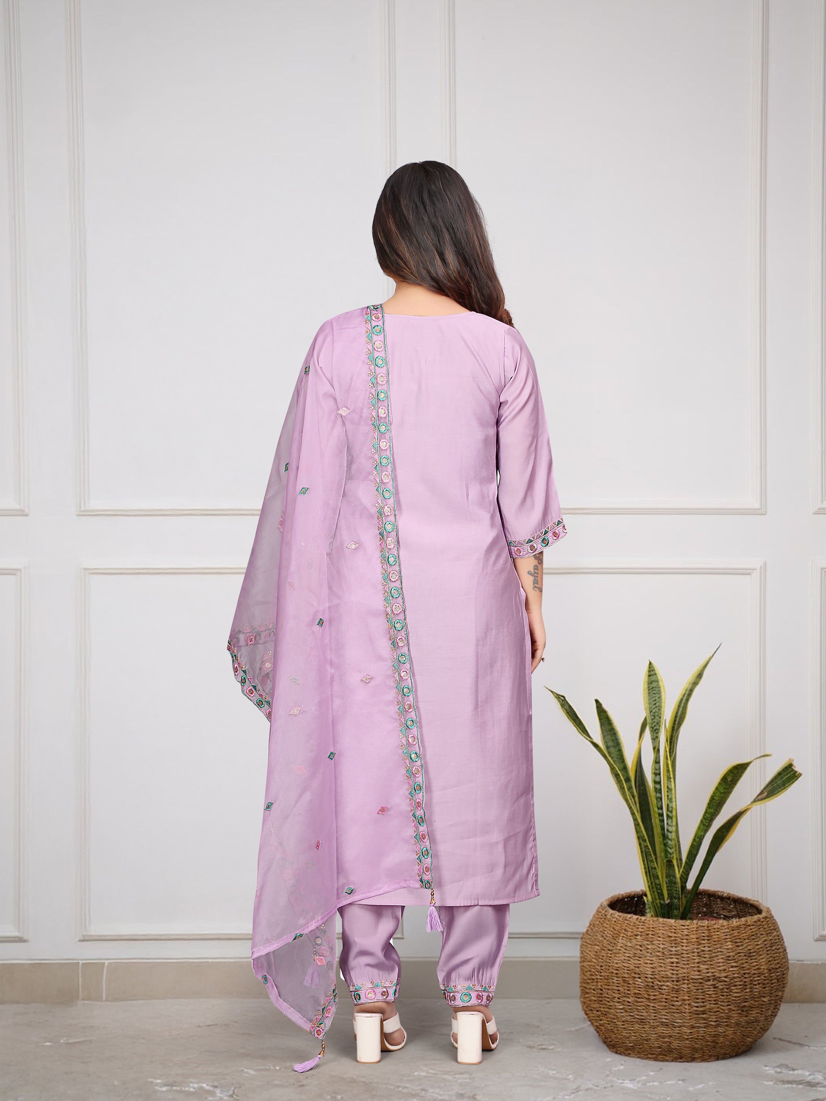 Lilac Viscose Chanderi Kurti Set with Organza Silk Dupatta