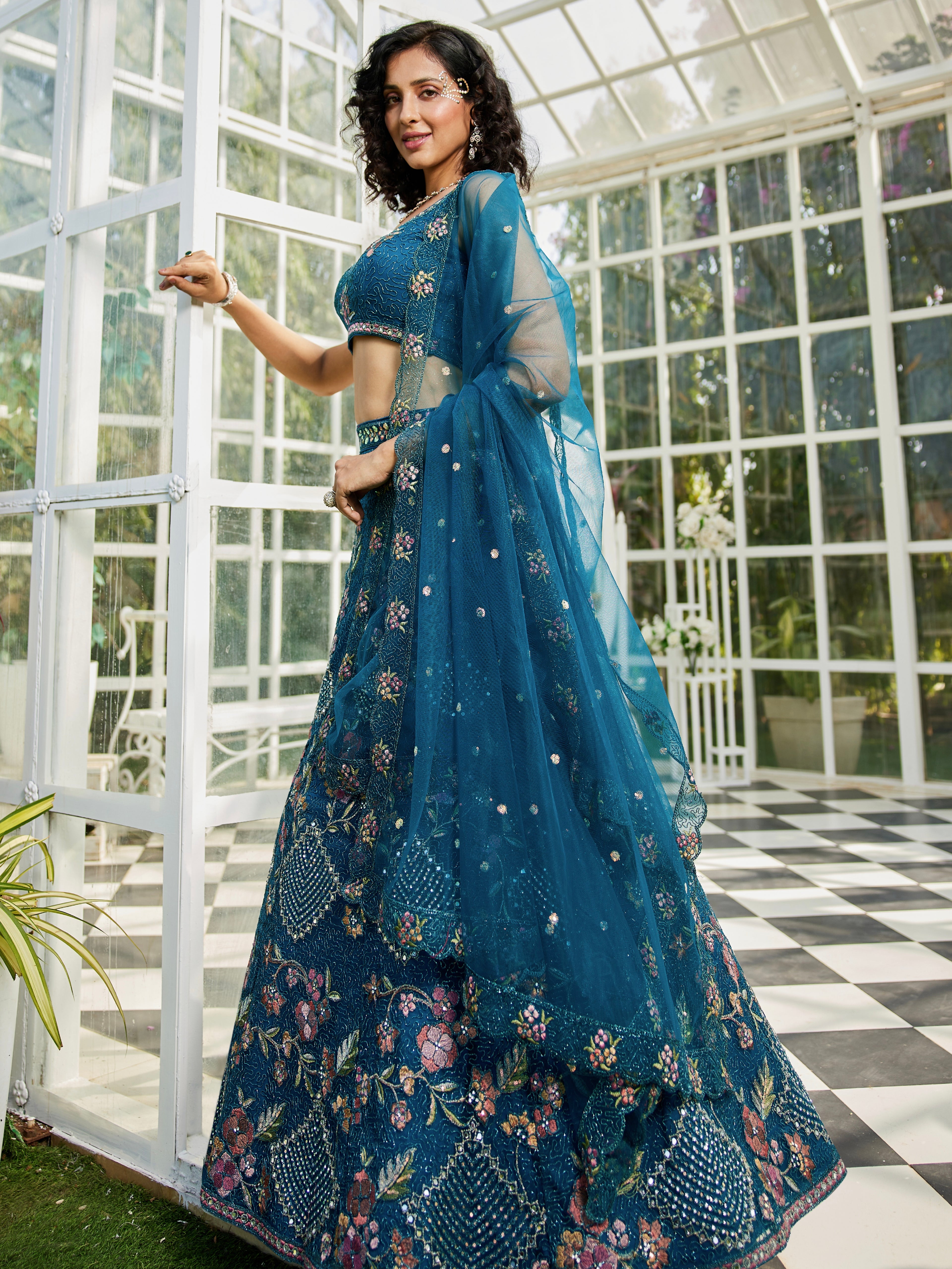 Navy Blue Net Embroidered Net Lehenga with Sequins &amp; Zarkan Work