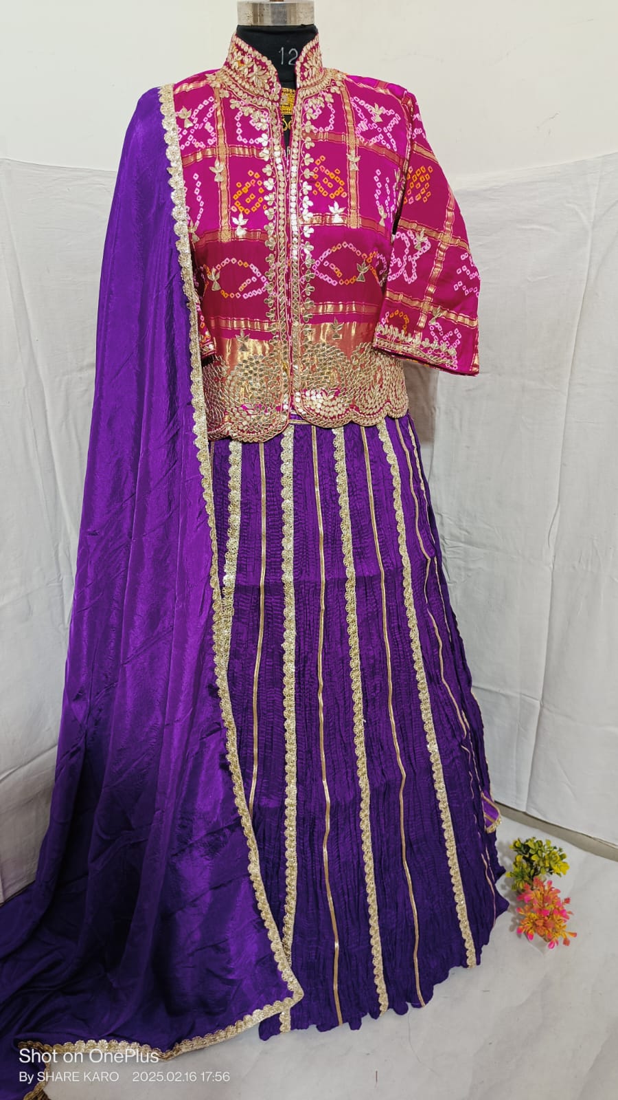 Pink &amp; Purple Pure Upada Crush Gajji Silk Gharchola Rajsthani Lehenga Choli 