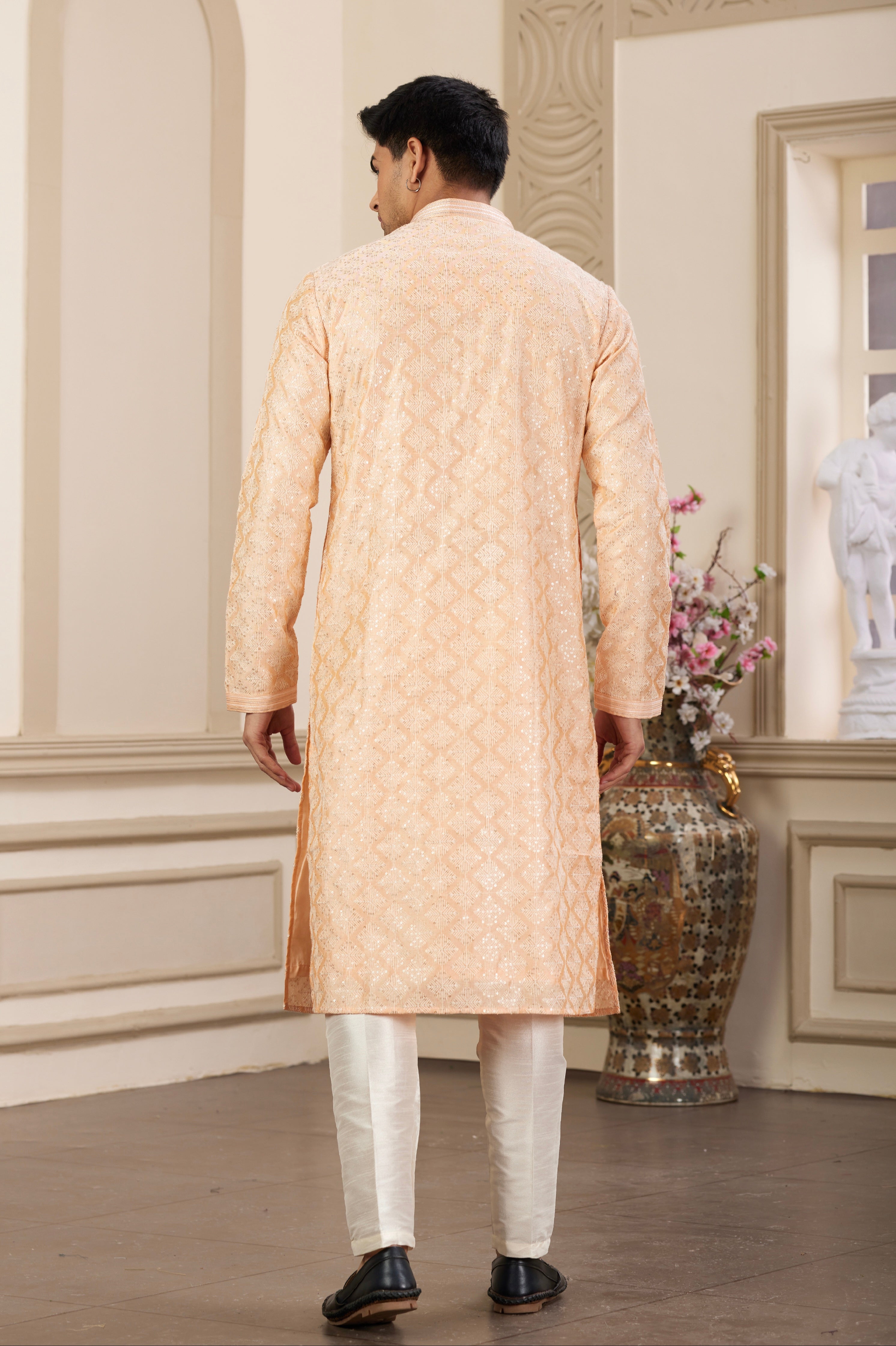 Art silk peach kurta with Banarasi pants