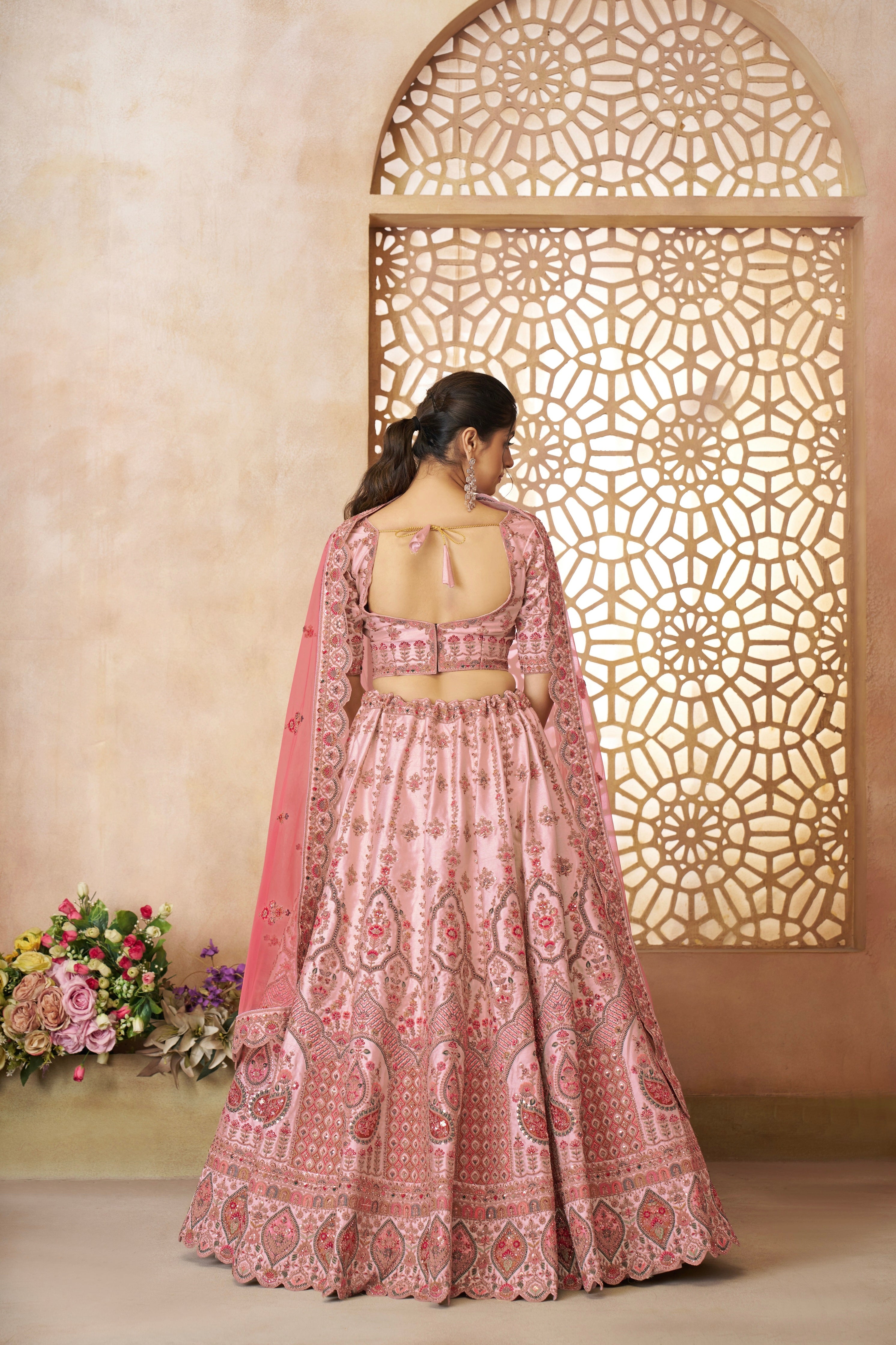 Elegant pink silk lehenga choli with dupatta