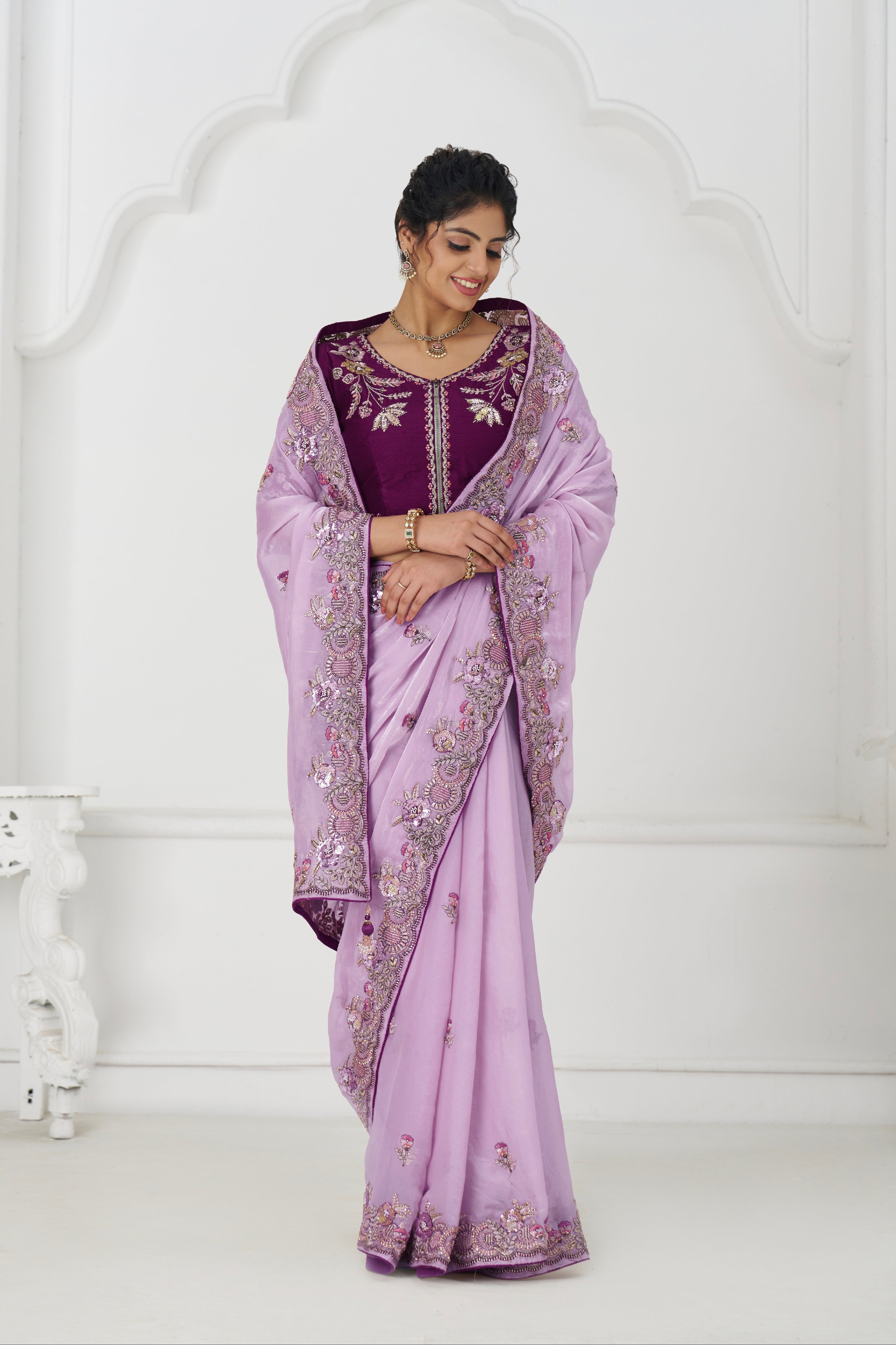 Mauve traditional saree with zari and beadwork