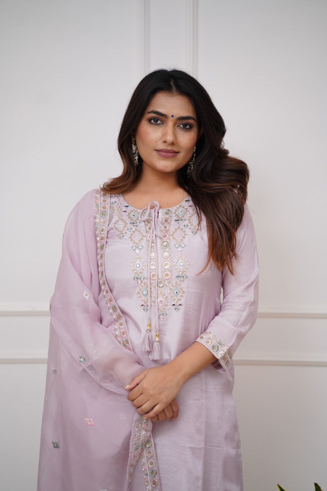 Lilac Viscose Chanderi Kurti Set with Organza Silk Dupatta