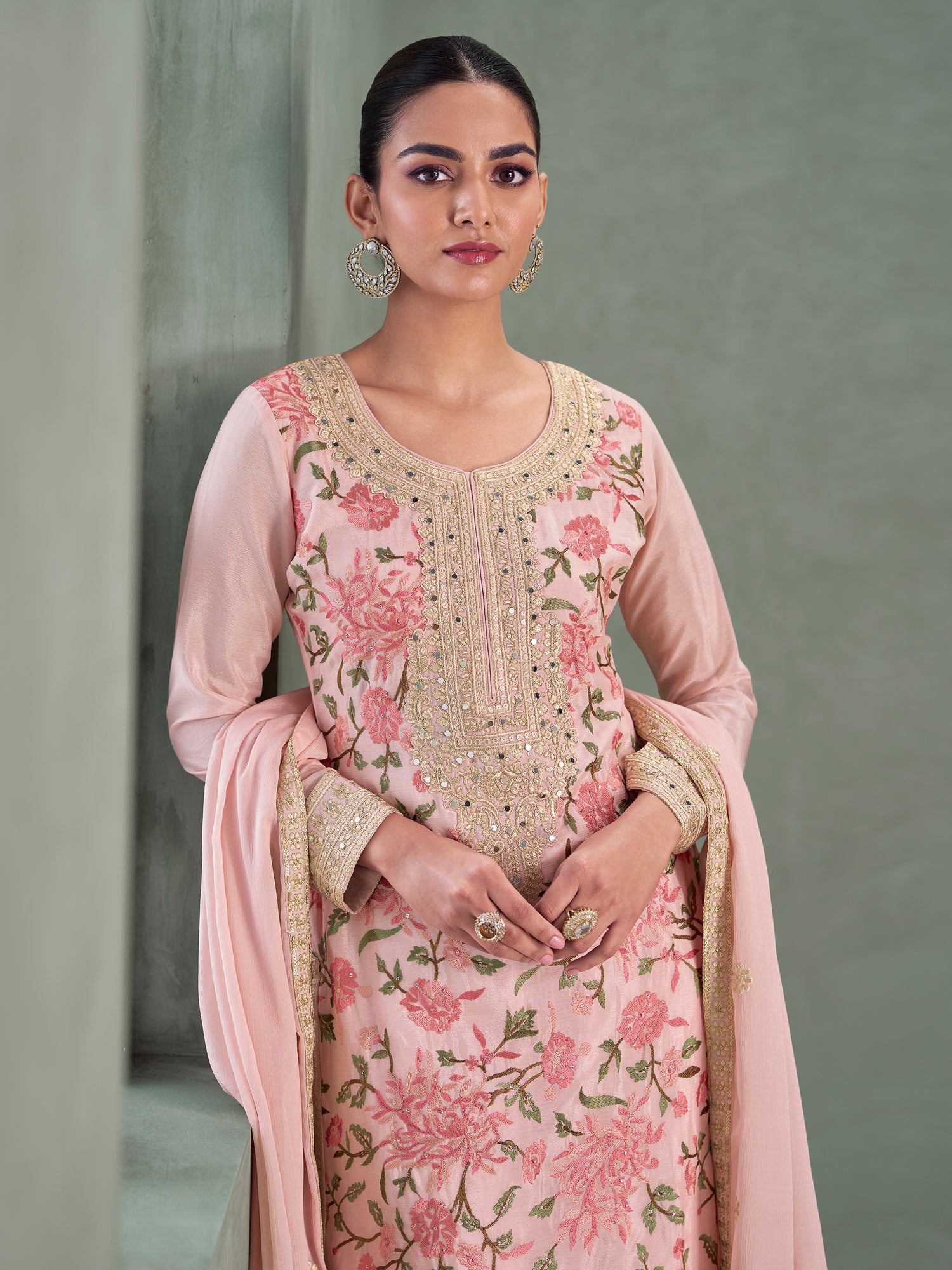 Light Pink Chinnon Silk Embroidered Palazzo Suit