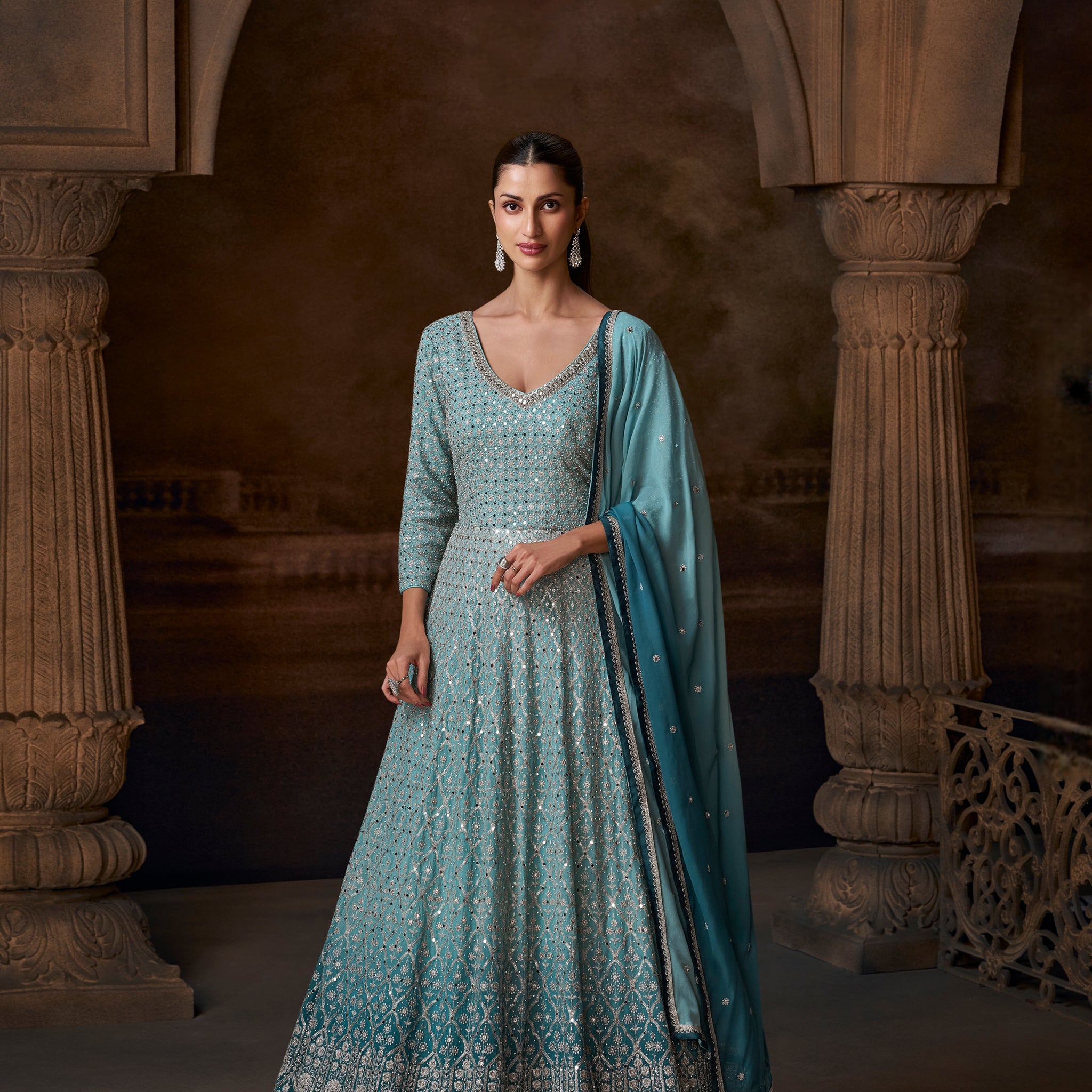 Sky Blue Ombre Heavy Embroidered Anarkali Suit