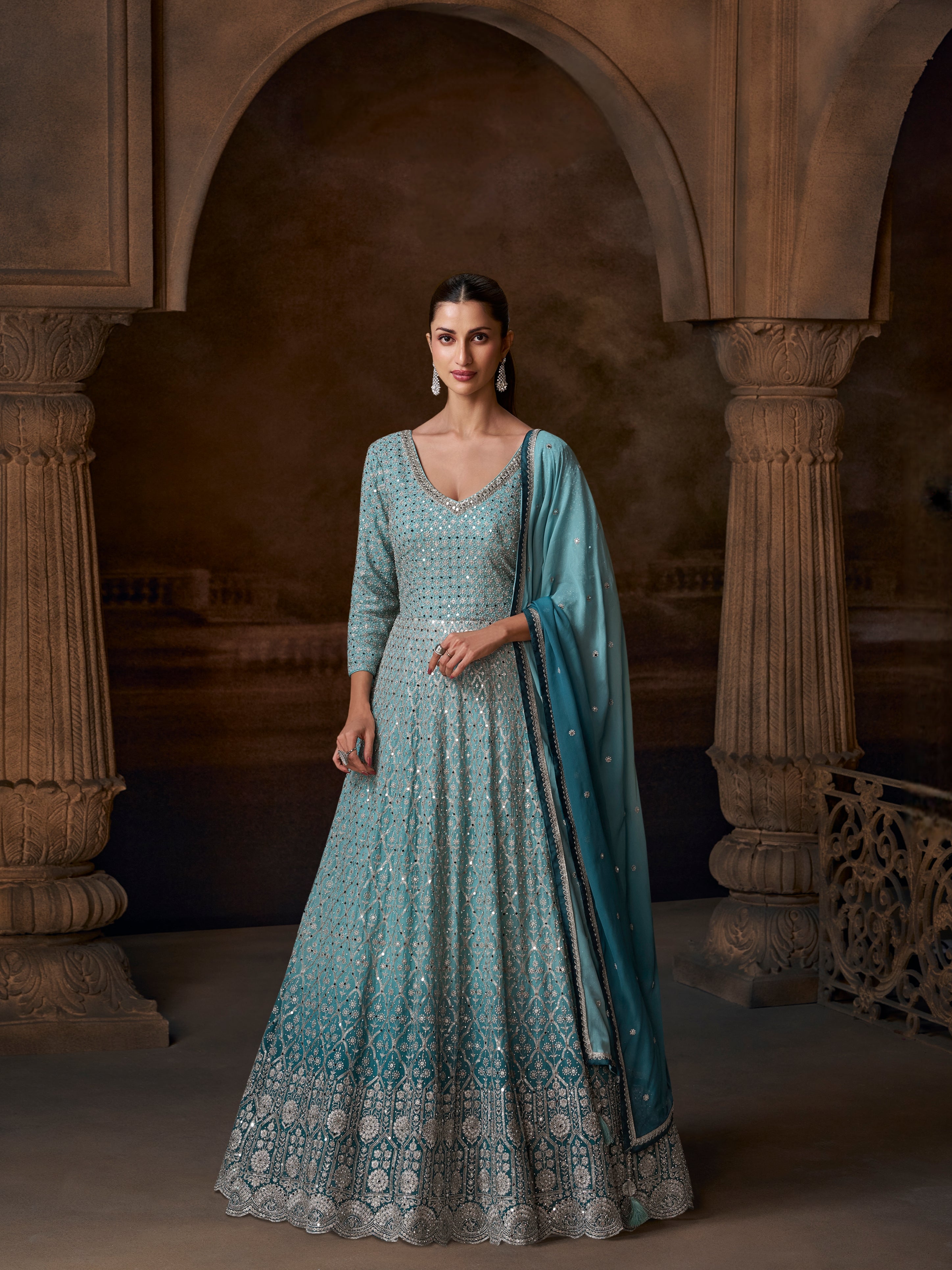 Sky Blue Ombre Heavy Embroidered Anarkali Suit