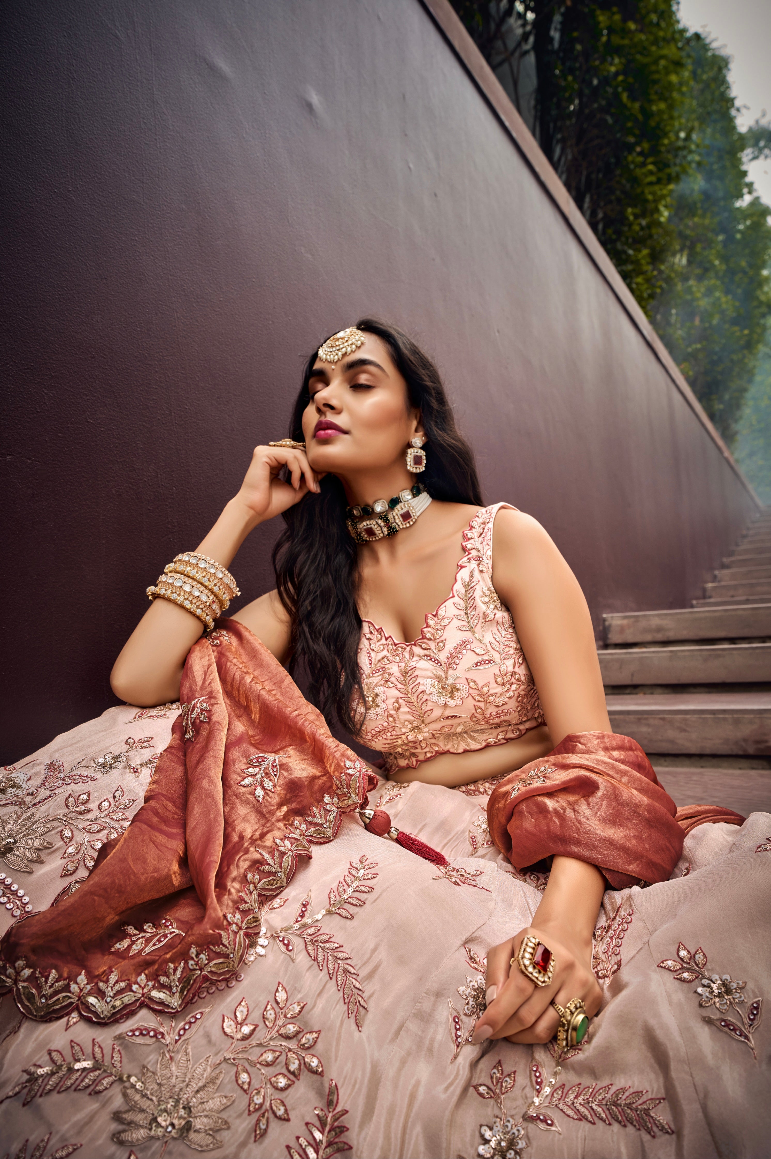 Cream &amp; Rose Gold Embroidered Bridal Lehenga with Viscose Dupatta
