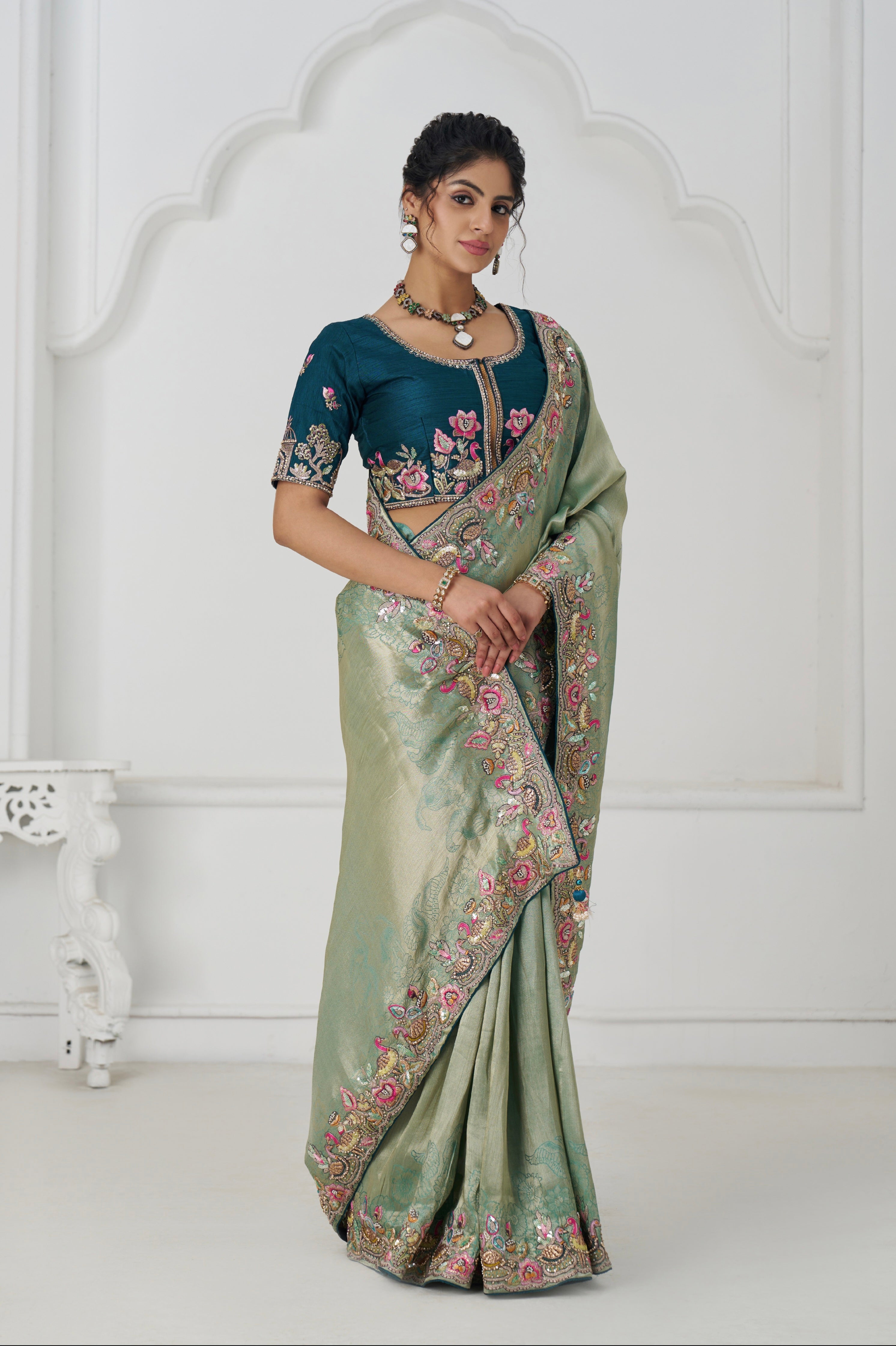 Handcrafted sequin work saree in green for women