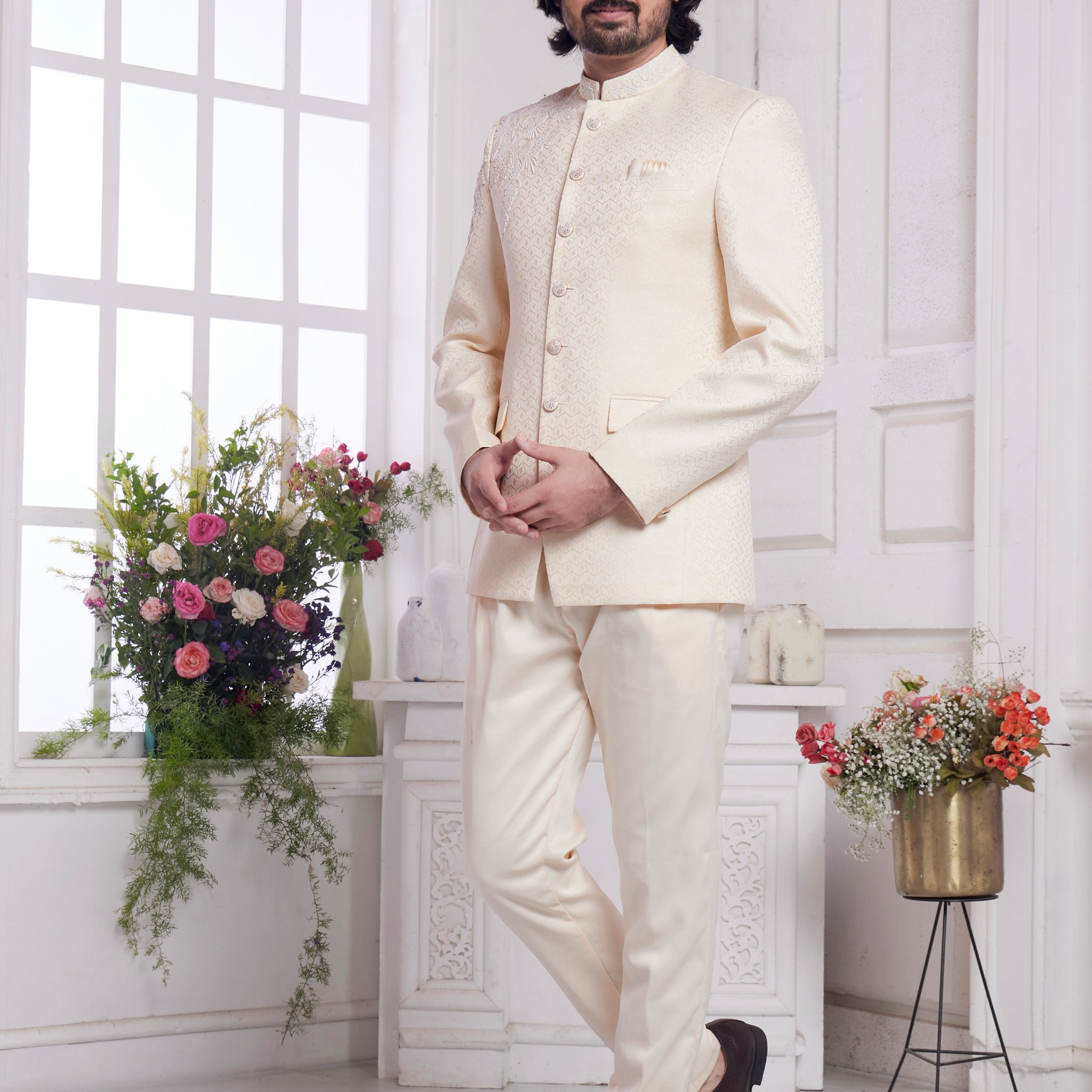 Cream Jodhpuri suit for men with embroidery work

