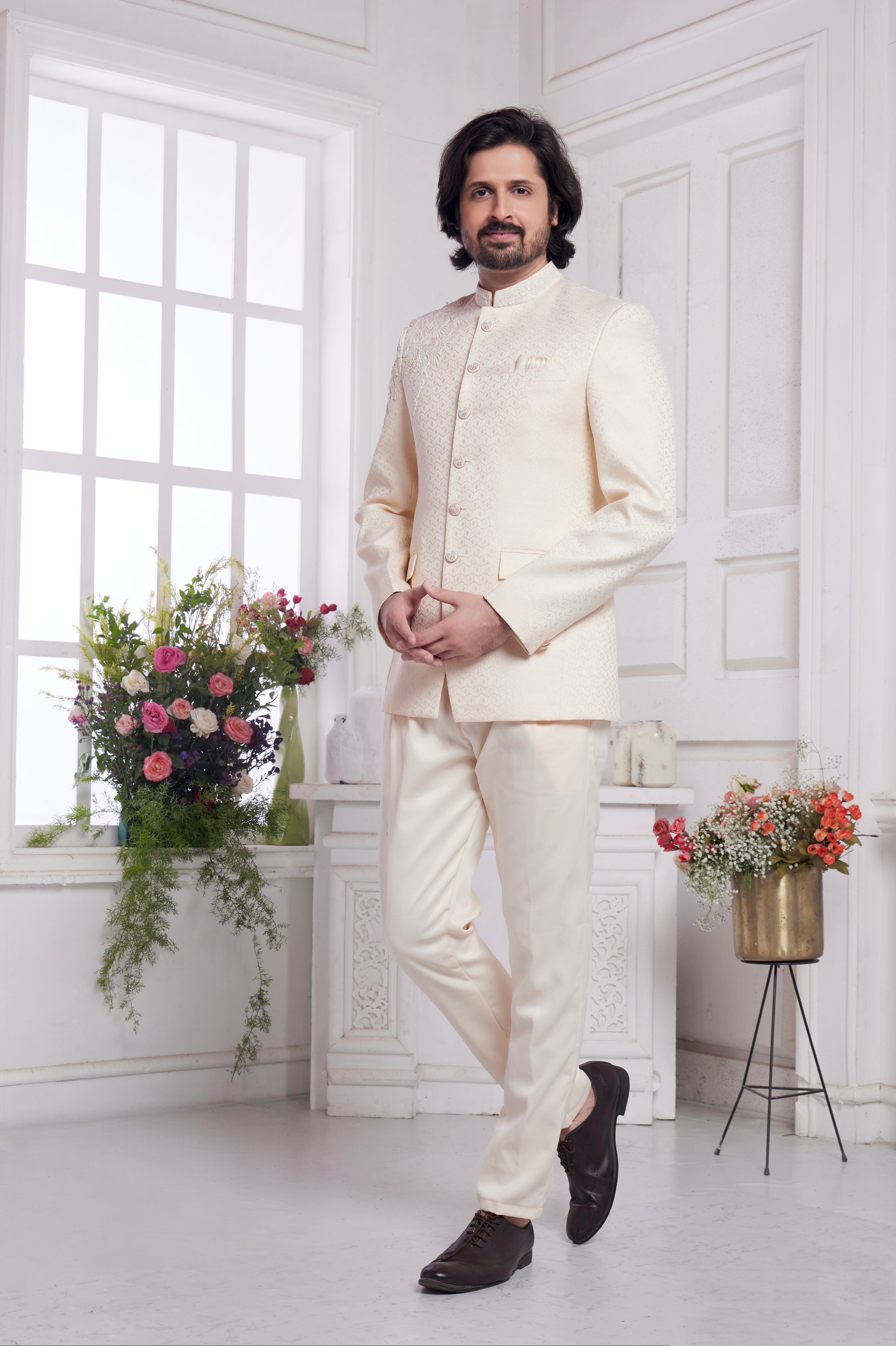 Cream Jodhpuri suit for men with embroidery work

