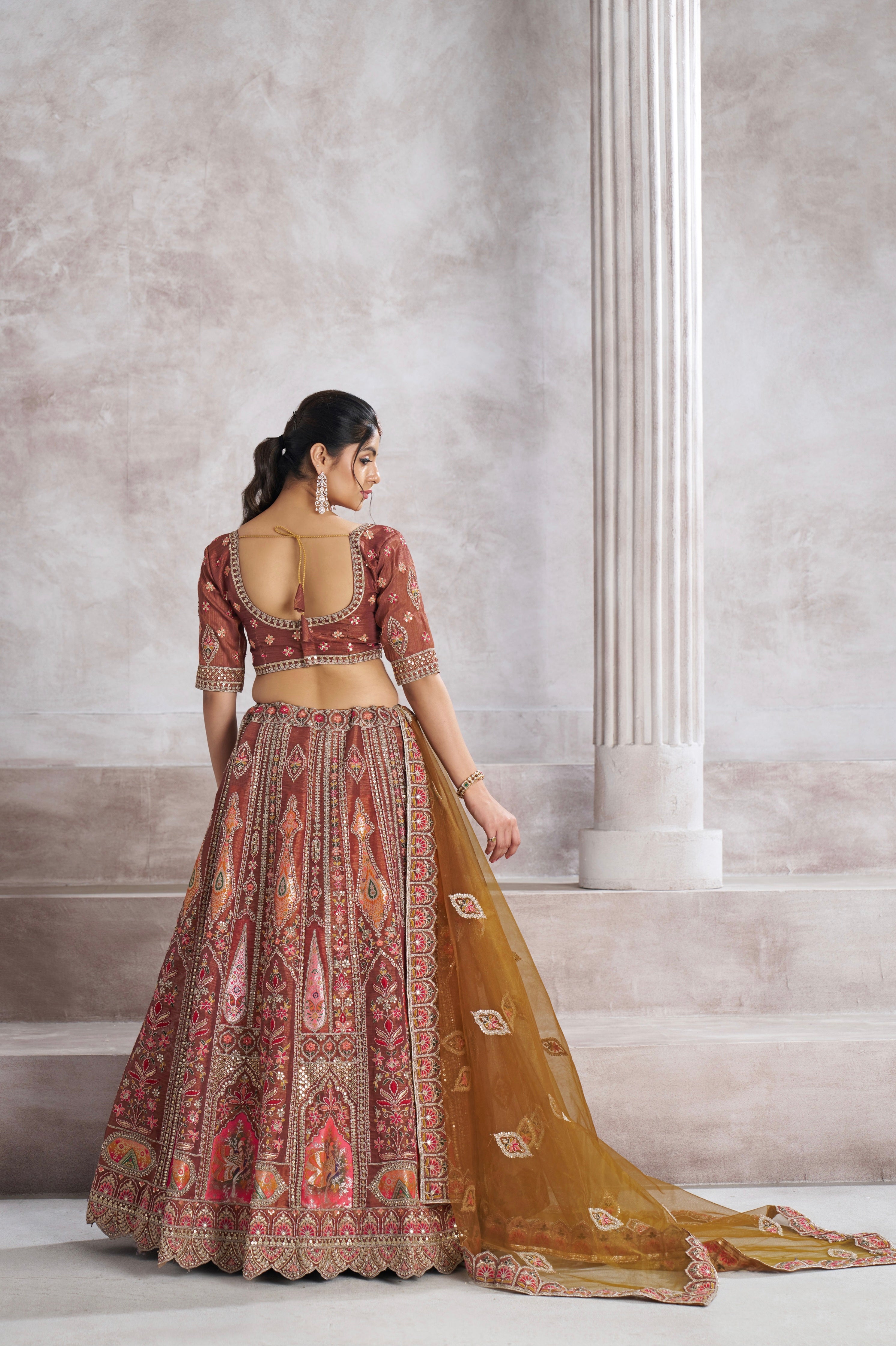 Coffee Banarasi Silk Lehenga with Aari Embroidery &amp; Dupatta