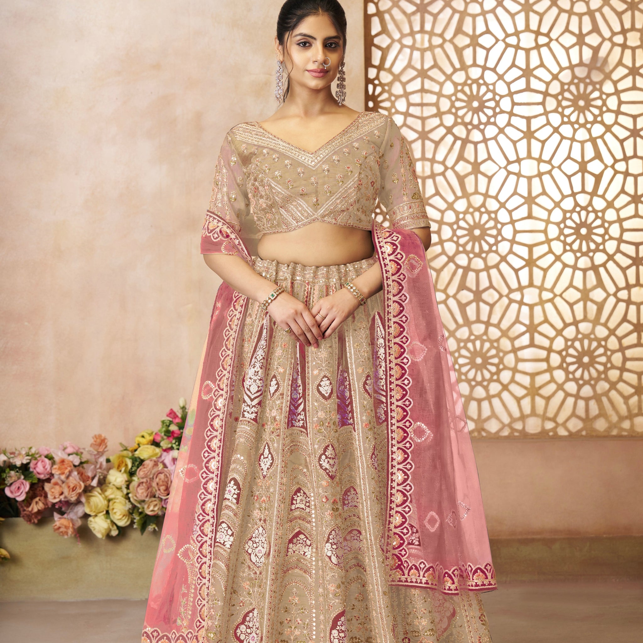 Chiku Banarasi Silk Lehenga with Aari Work & Net Dupatta