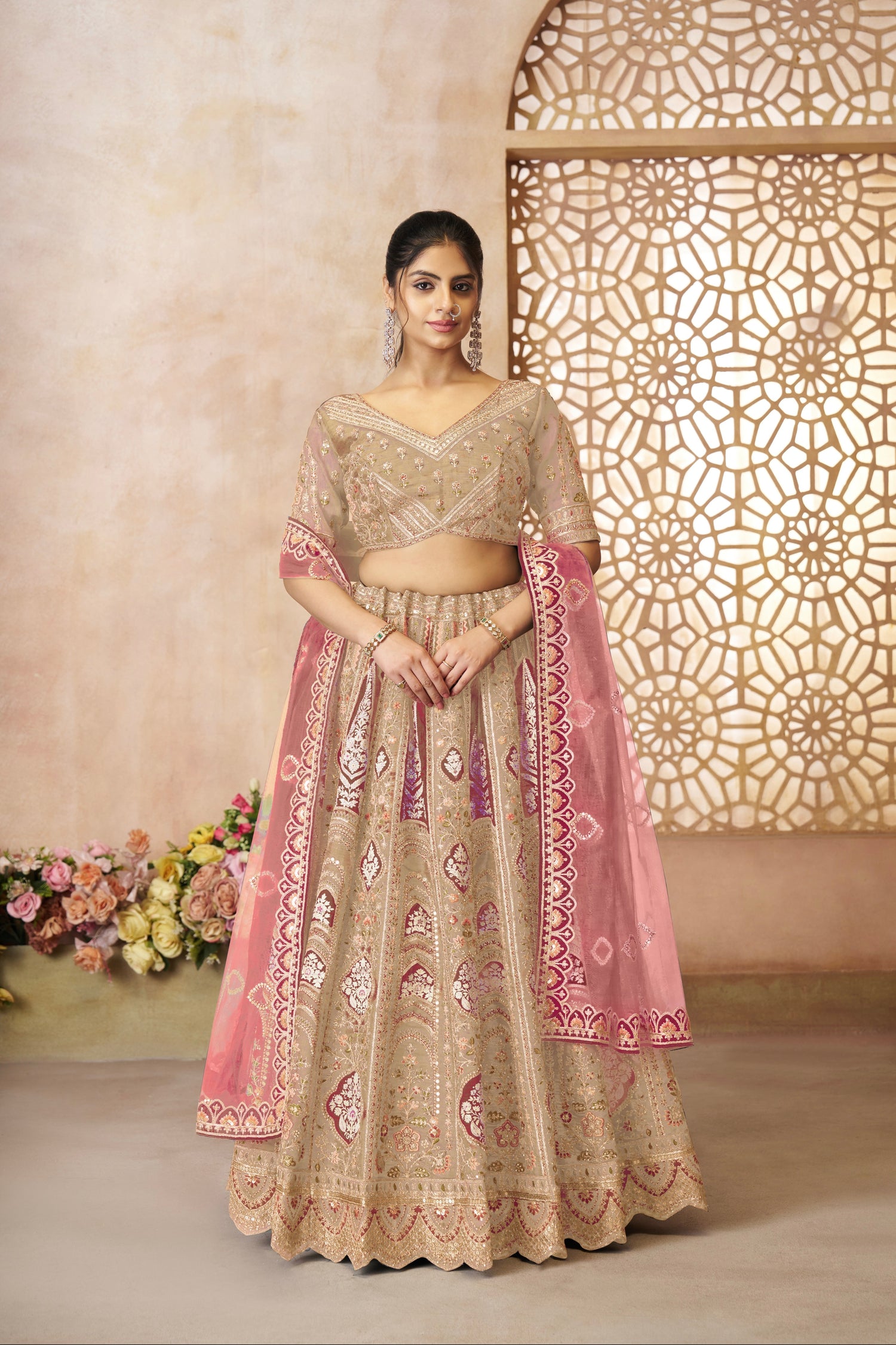 Chiku Banarasi Silk Lehenga with Aari Work &amp; Net Dupatta
