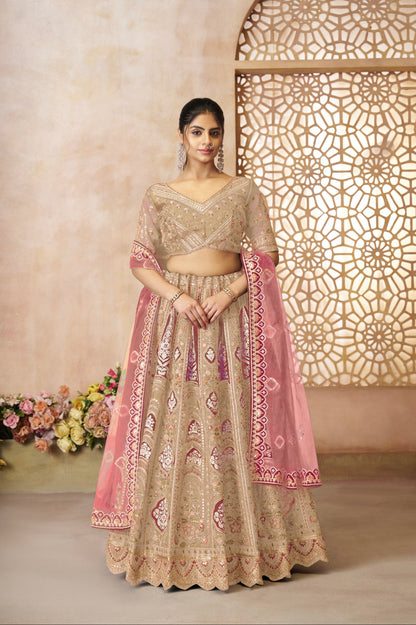Chiku Banarasi Silk Lehenga with Aari Work &amp; Net Dupatta