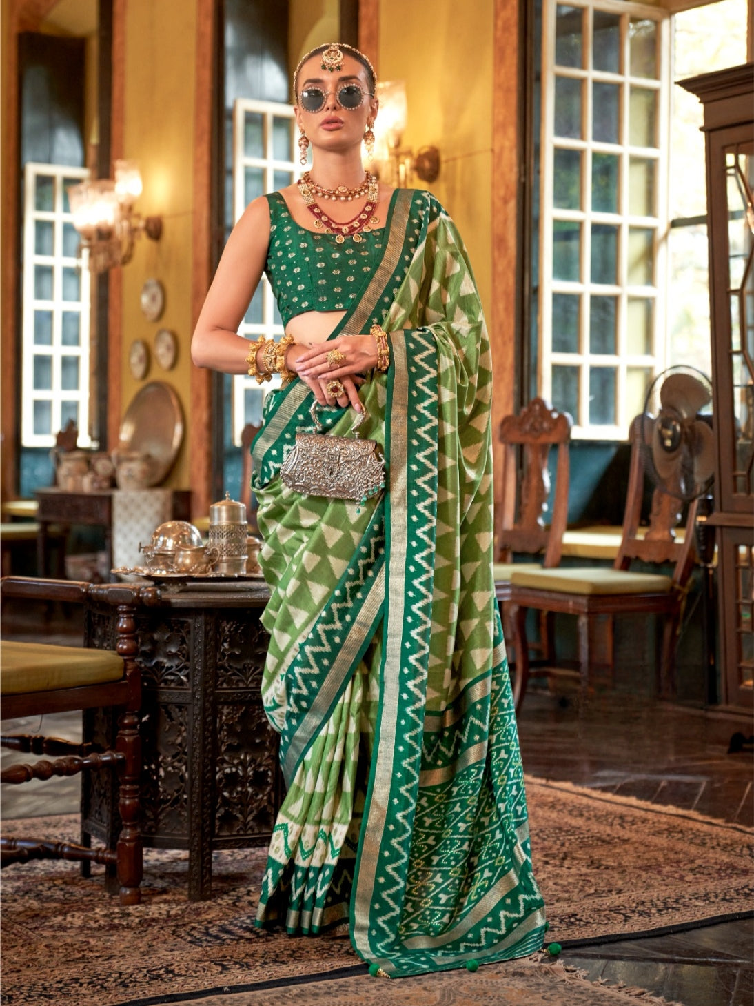 Olive Green &amp; Gold Patola Silk Saree