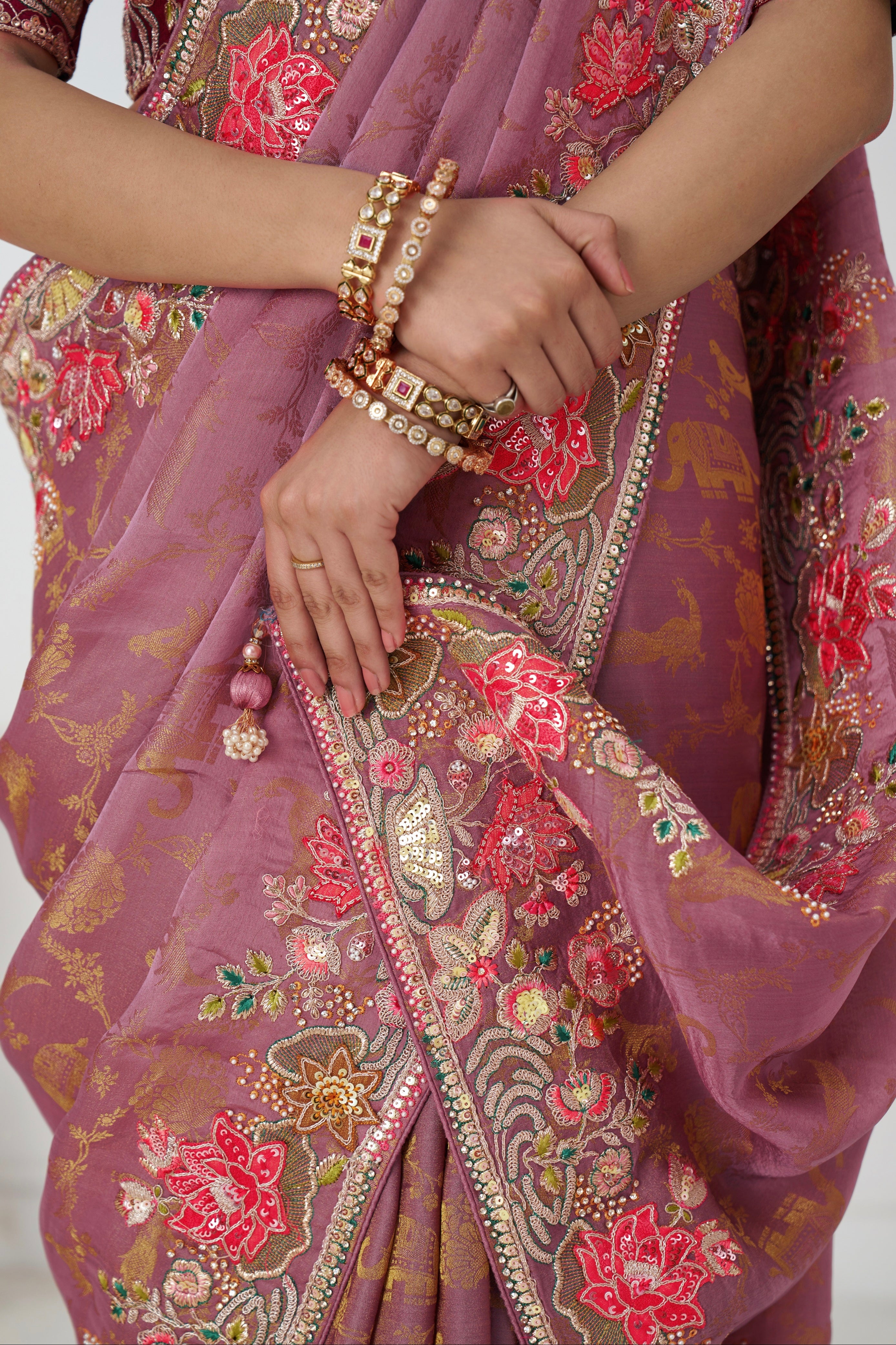 Pink party wear saree with beads and sequins